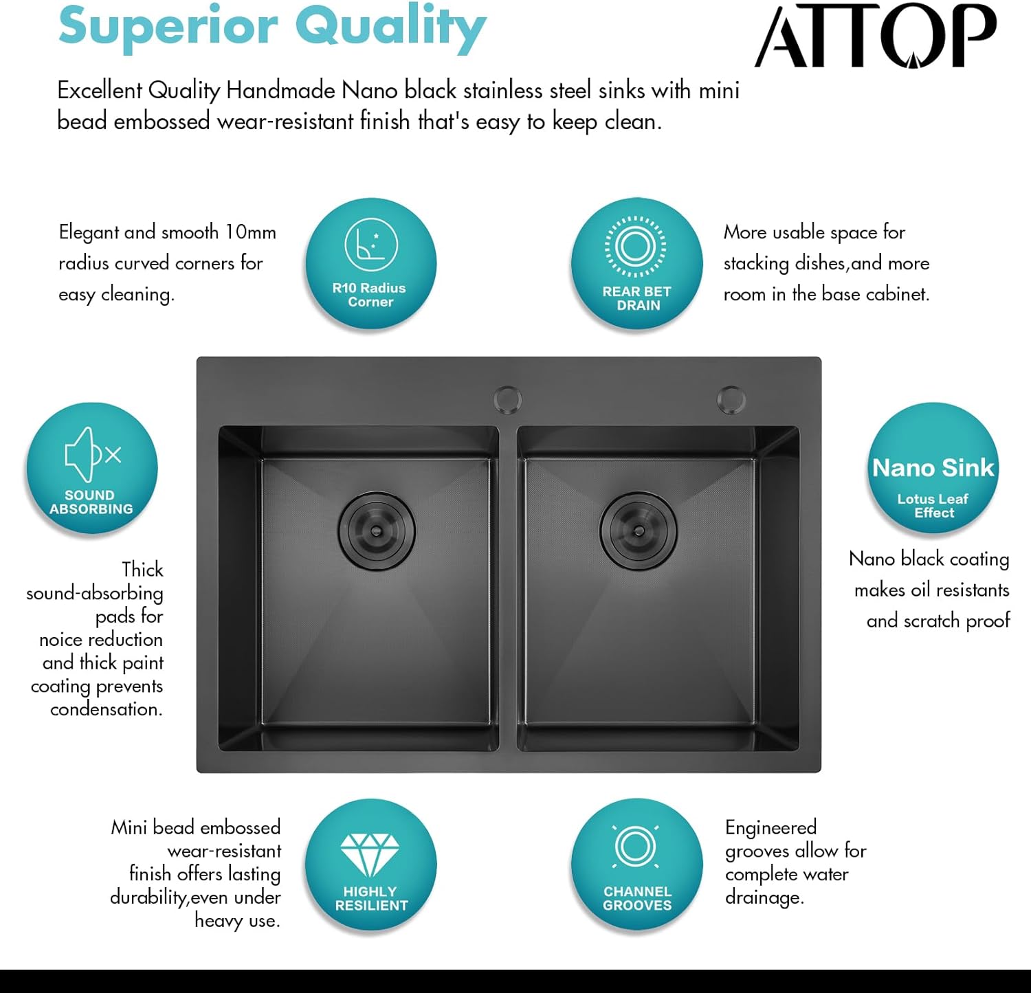 ATTOP 33 Inch Black Drop in Double Bowls Kitchen Sink,33x22 Inch Nano Black Handmade Stainless Steel Double Drop in Kitchen Sink