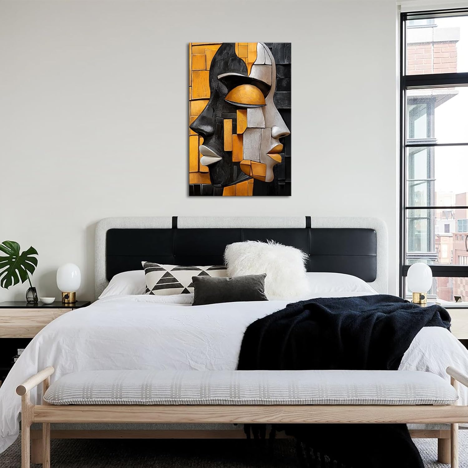 LyerArtork Modern Abstract Portrait Canvas Wall Art Black and White Yellow African Face Picture Prints Neutral Artwork Wall Decor for Living Room Bedroom Office 24x36 inch