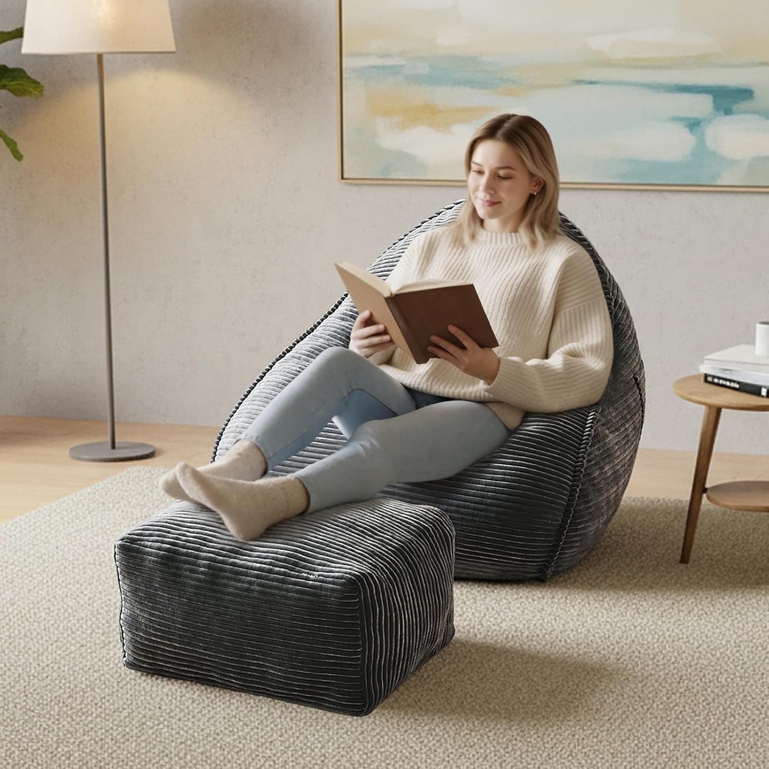 Bean Bag Chair with Ottoman, Bean Bag Sofa,Accent Chairs,Corduroy Fabric, Comfortable Reading Chairs for Living Room, Bedroom, Reading Nook,Modern Lounge Reclining Chair with Footrest (GRAY, Medium)