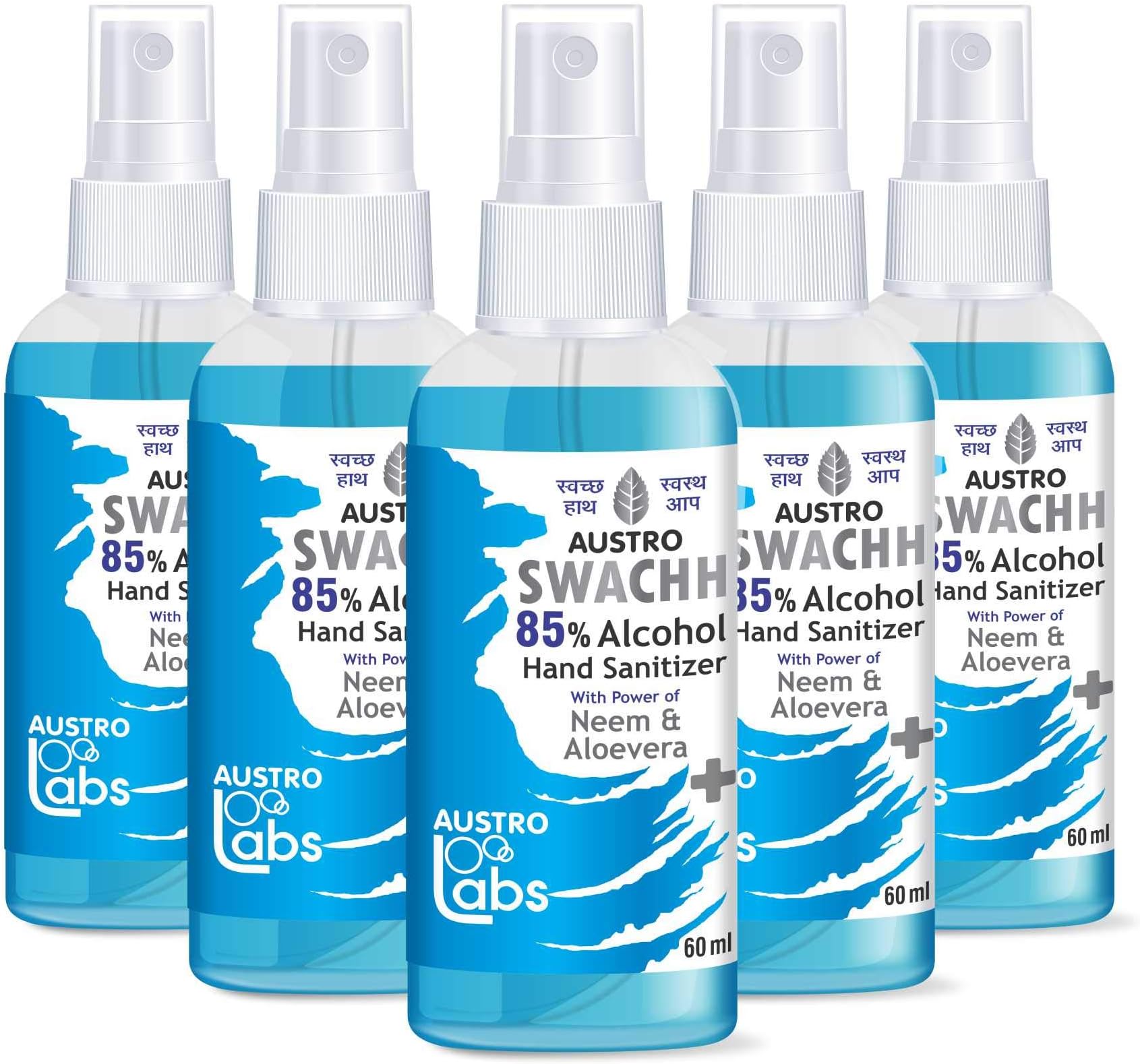 SWACHH HAND SANITIZER SPRAY LIQUID 60 ML X 5 (PACK OF 5) (300 ML) ETHYL ALCOHOL 85%