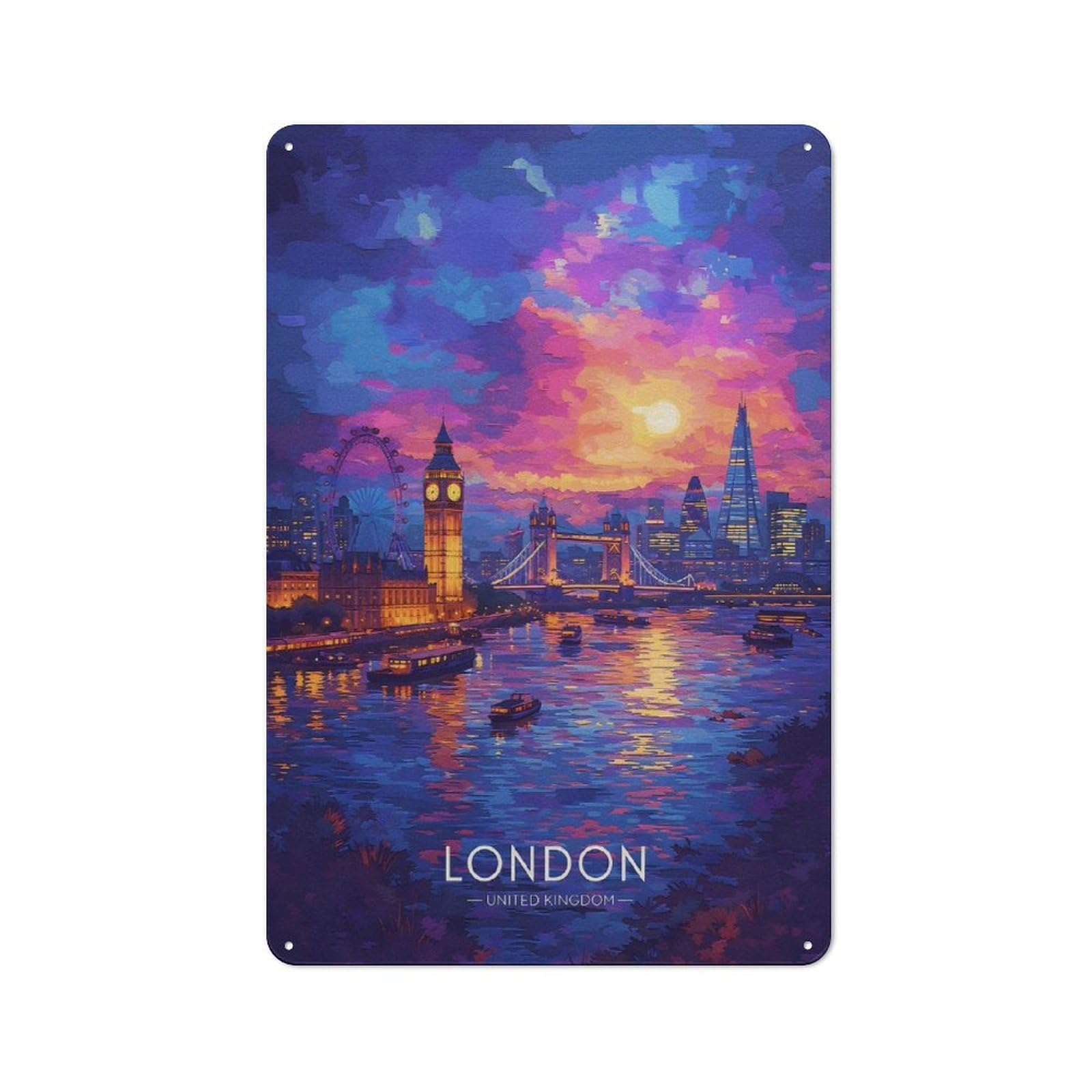 Vintage Metal Plaque 30x20cm Featuring London Skyline at Sunset, Diner Style Decor for Restaurant, Kitchen, Counter Or Breakfast Nook