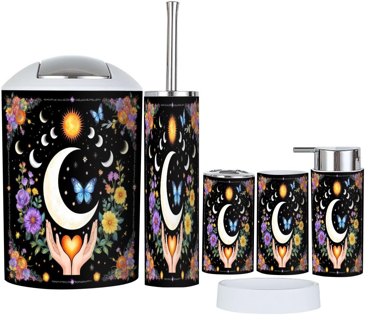 Bathroom Accessories Set 6 Pcs Bear Print Wild Animals Rustic Cabin Forest Wooden Board Grizzly Bear Toothbrush Holder Cup Soap Dispenser Soap Dish Toilet Brush Holder Trash Can for Countertop Decor