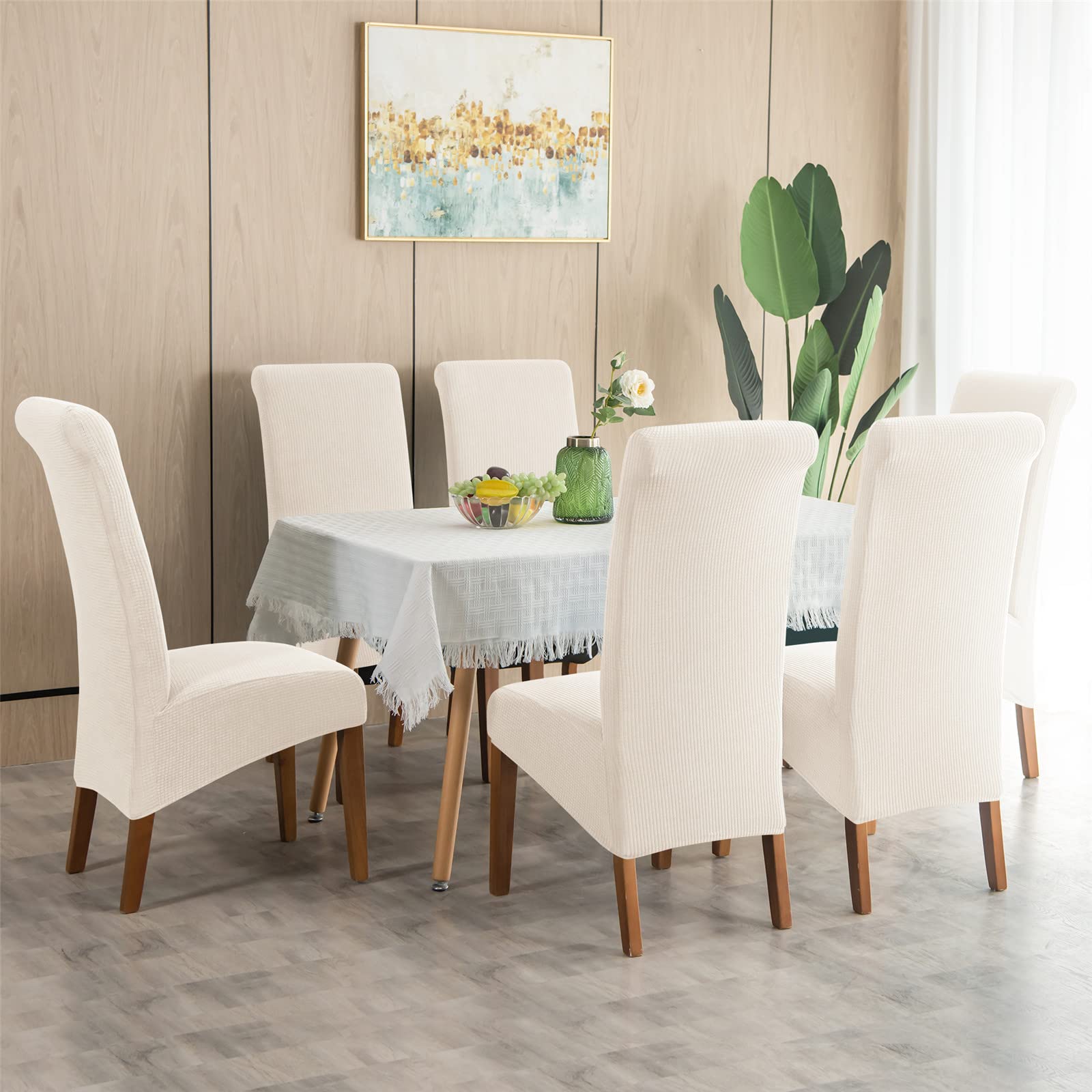 Chickwin Pack 1 2 4 6 Fundas Sillas Comedor XL Respaldo Alto, Plaid Jacquard Fundas Elasticas para Sillas de Sala, Funda para Silla Impermeable Universal Ajustable (6 Piezas,Blanco)