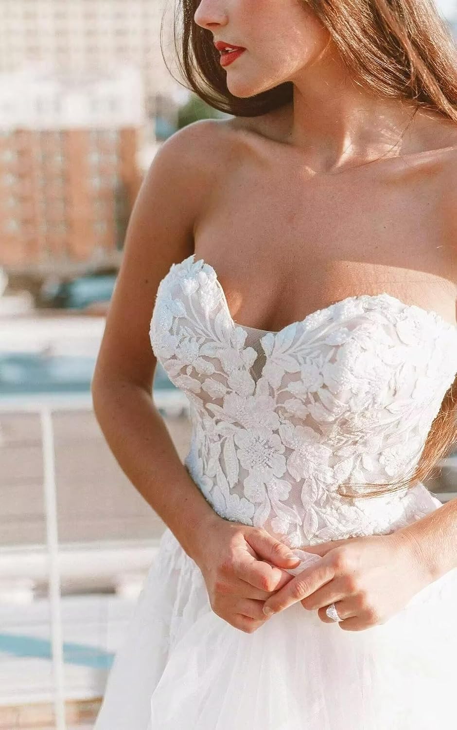 GATMAHE Lace Wedding Dresses for Bride Off The Shoulder Applique Tulle Open Back V-Neck Boho Bridal Dress with Slit