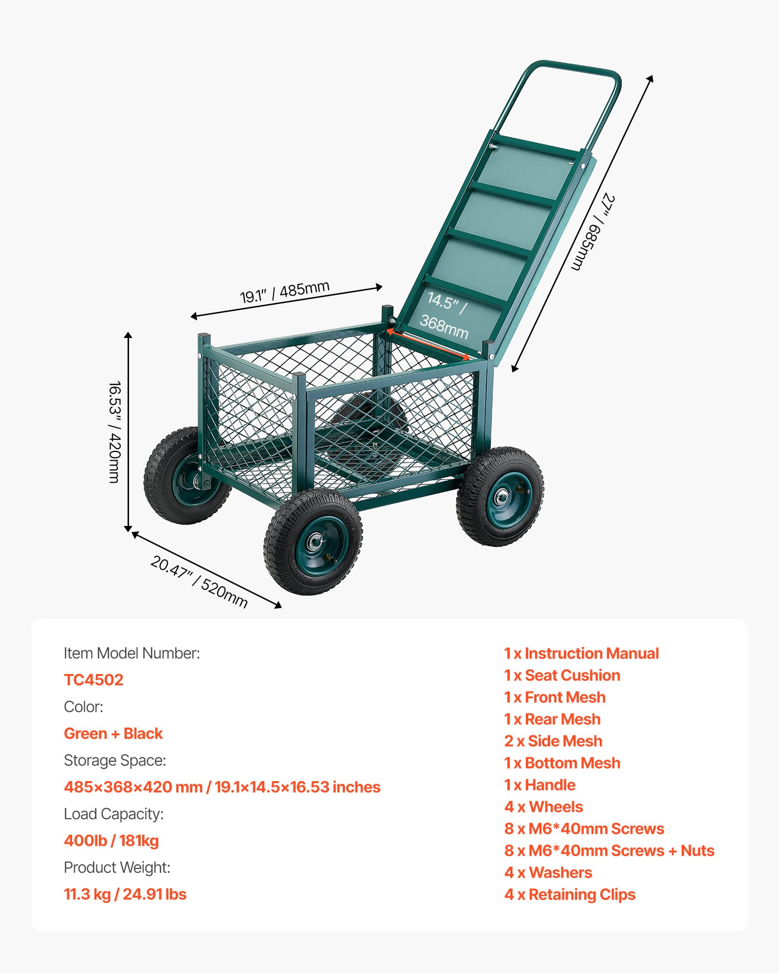VEVOR Gartenrollsitz 760x520x440 mm, Rollbar Gartensitz aus Metall mit Rädern, trägt bis zu 180 kg, Rollsitz, Outdoor-Wagen und Hocker auf Rädern für Rasen, Terrasse, Hinterhof