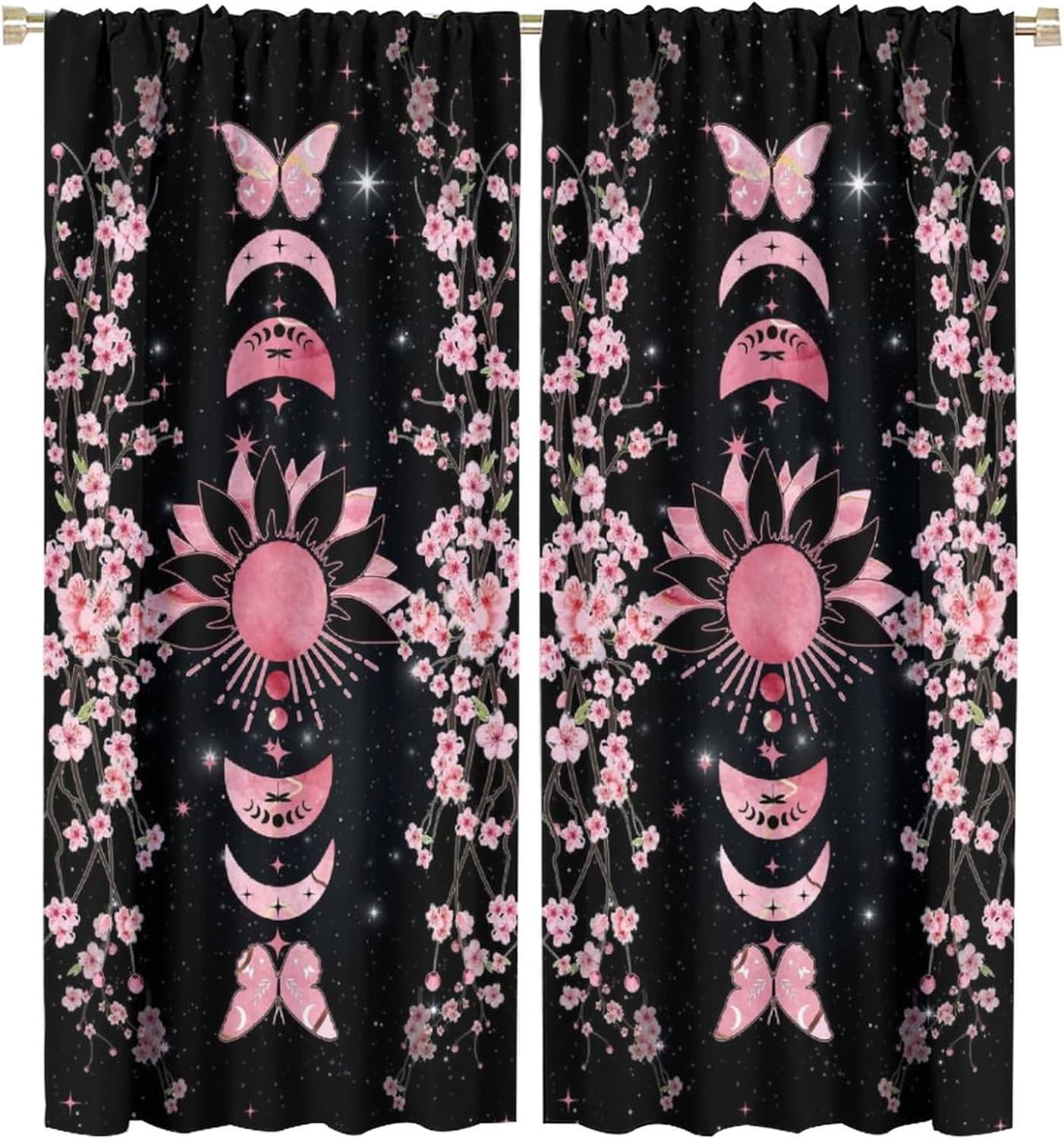 Beautiful Japanese Cherry Blossoms Blackout Curtains for Bedroom, Fantasy Galaxy Full Moon Pink Floral Butterfly Rod Pocket Thermal Insulated Darkening Curtains Window Drapes 2 Panels 63" L x 27.5" W