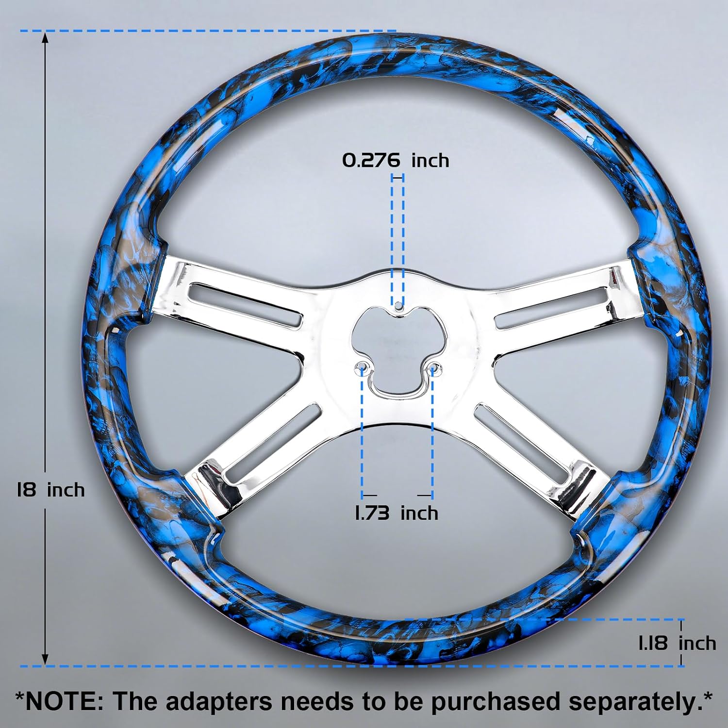 Sorghum 18" Solid Wood Steering Wheel - Hydrographic Blue Skulls 4 Spokes Aluminum Chrome Steering Wheel with Horn Button for Trucks Compatible with Mack Kenworth Peterbilt Volvo Freightliner image 2