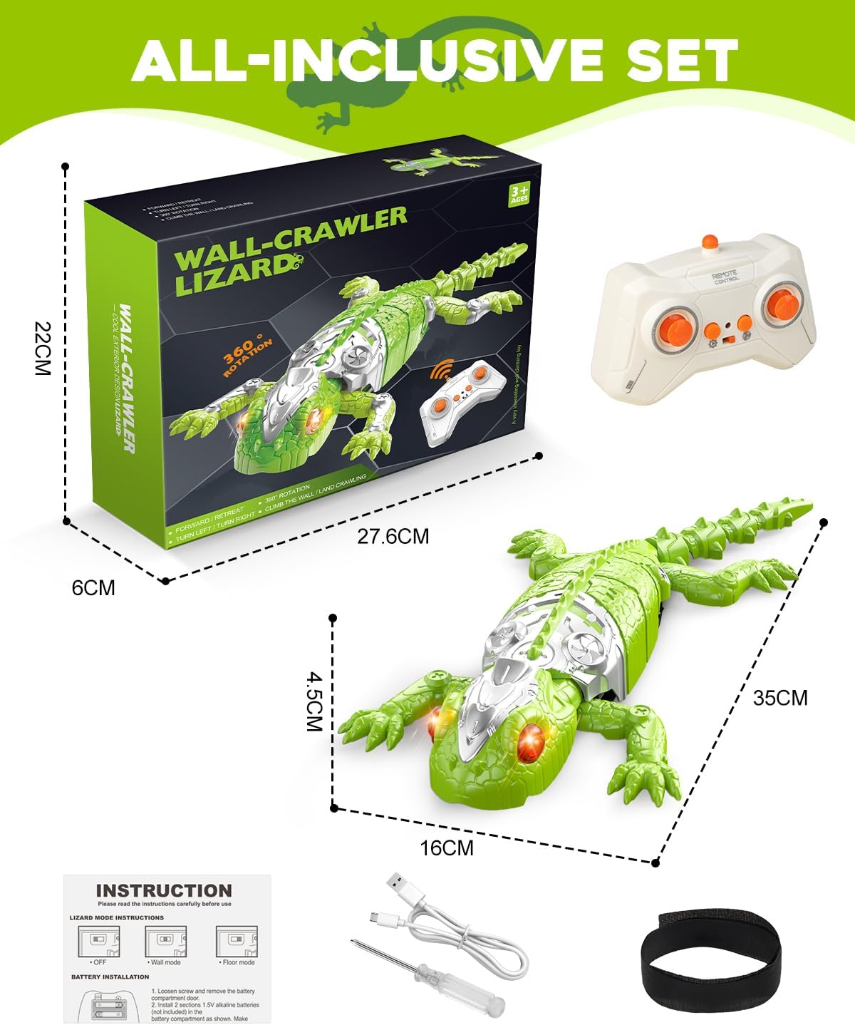 Wall Climbing Gecko Toy for Kids, Dual Mode Floor & Wall Driving, Rechargeable Remote Control Robot, Climbs up Toys & Games, Halloween Christmas Birthday Gifts for Boys Girls Ages 4 & Up（Green）