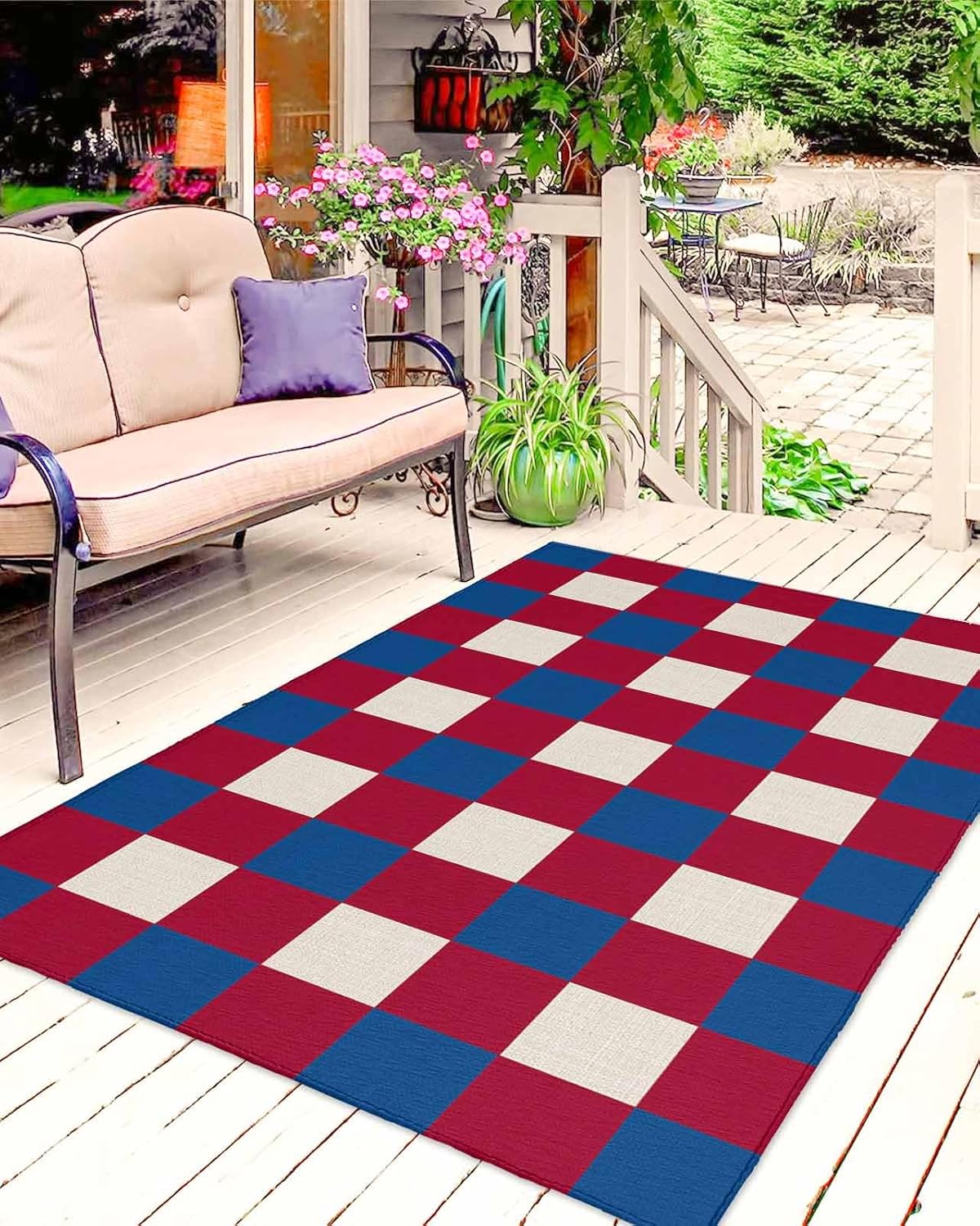 July 4th Outdoor Rug 4x6ft Retro Red Blue White Plaid Large Patio Mats Independence Day Flag Theme Area Rugs Non Shedding Carpet for Patio Backyard Porch Deck Camping Indoor Living Room