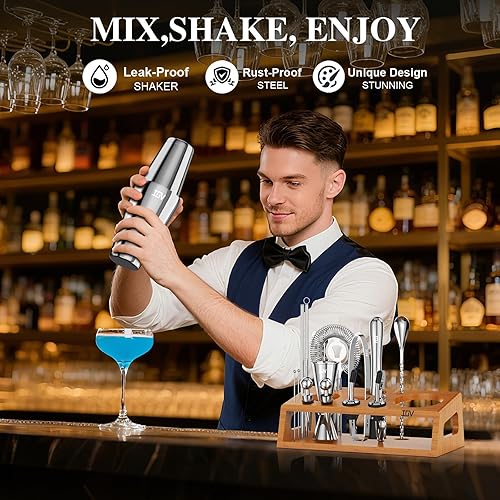 Miniatura 3 de IOV Mixology - Juego de bar de barman con soporte, juego de coctelera de 17 piezas, juego de mezclador de bebidas Boston Shaker de 28 onzas con