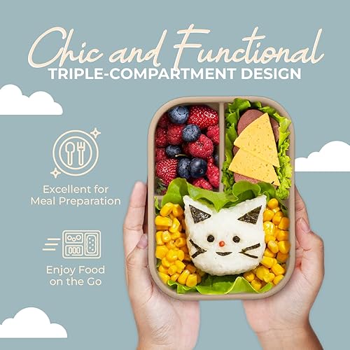 Miniatura 6 de Nyte Nyte Baby Cafe Kids Bento Box - Lonchera 100% silicona de grado alimenticio para adultos y niños pequeños, con 3 compartimentos, apta para