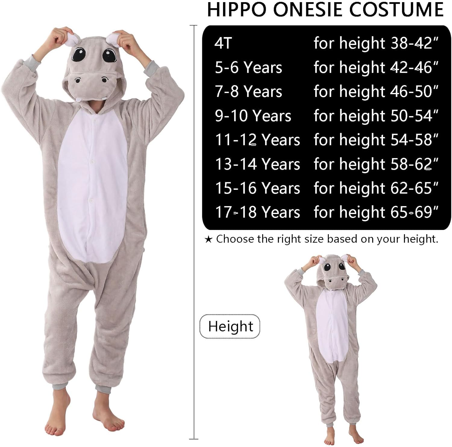 WAFUNNE Animal Onesie Costume for Kids Child Boys Girls Womens Mens Cosplay Halloween Costumes Easter Onesies Grey Hippo - Image 3