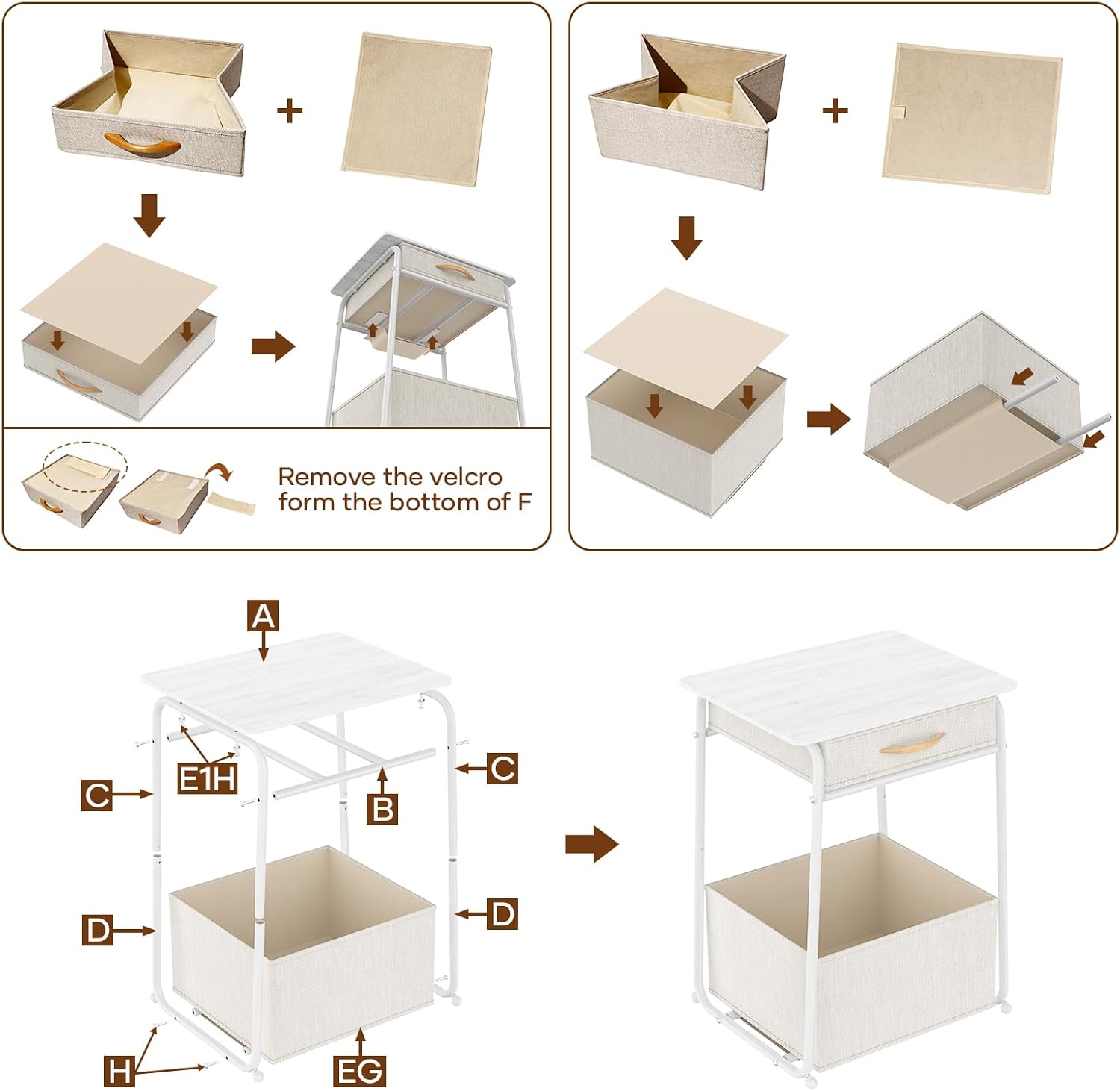 Olldide White Side Table with Storage Basket, End Tables with Fabric Drawer