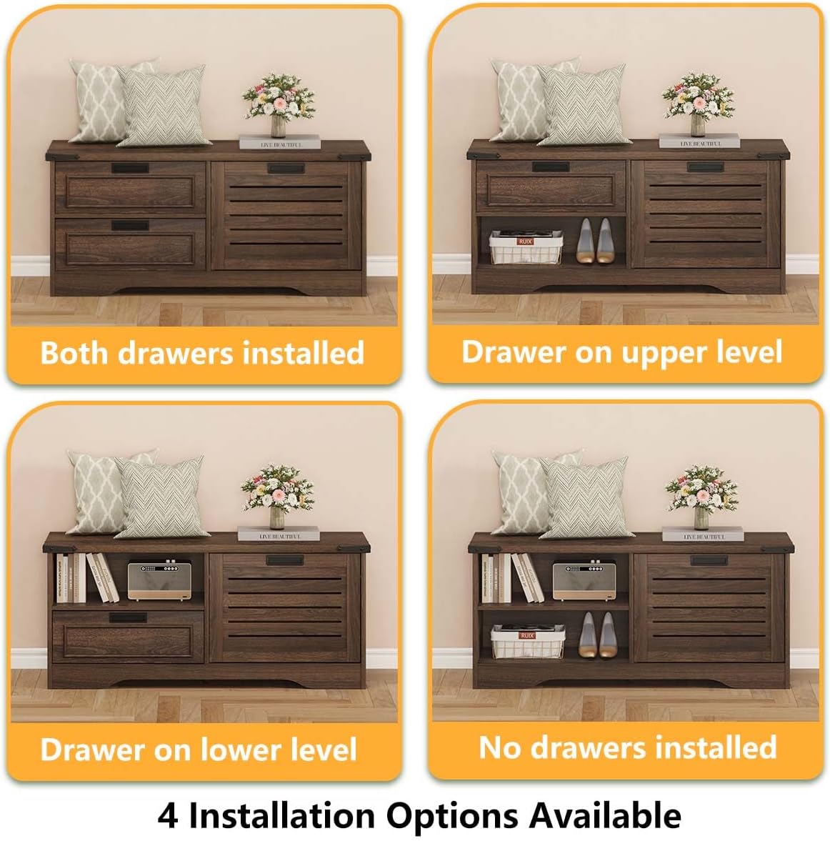 FATORRI Bench with Shoe Storage for Entryway, Wooden Shoe Benches with Flip Door and Drawers, Entry Way Shoes Organizer Cabinet for Living Room Mudroom (Dark Walnut)