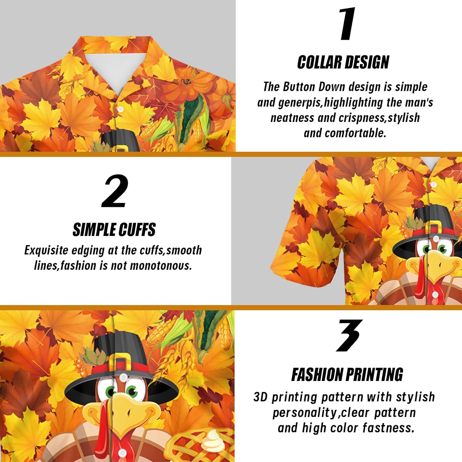 Eciodci Men's Thanksgiving Button Down Shirt Funny Turkey 3D Printed Fall Leaves Novelty Short Sleeve Hawaiian Shirts for Men - Image 6
