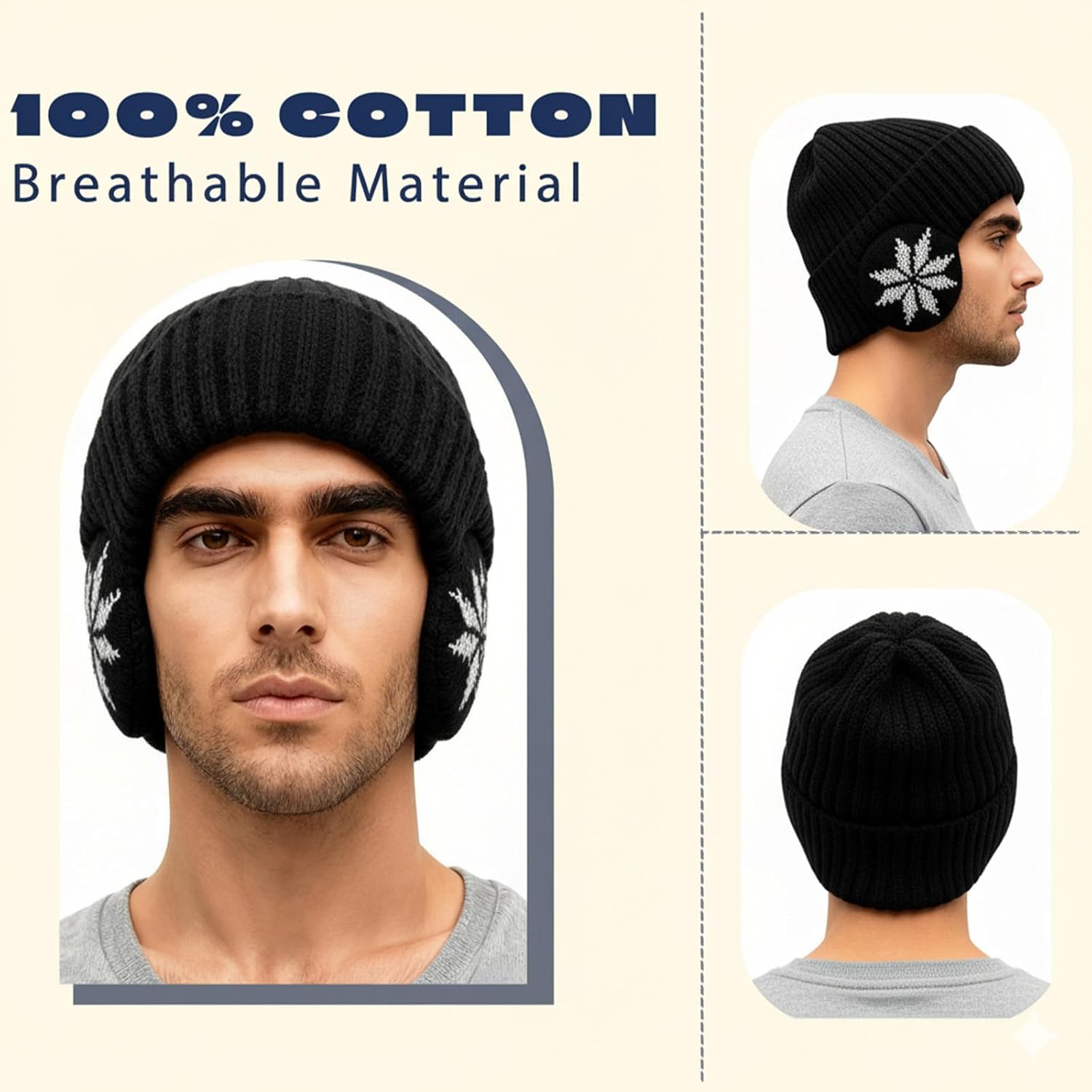 Fleece Lined Beanie with Ear Hood for Men and Women, Unisex Stretchable Thermal Knit Ski Hat for Winter Outdoor - Image 3