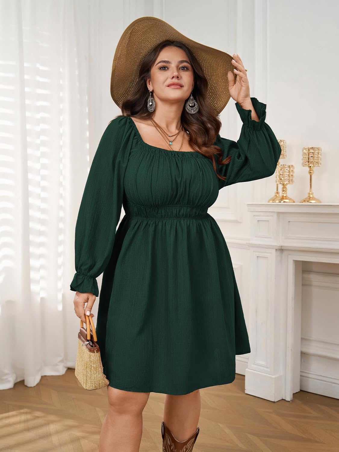 Plus Size Mini Dress for Curvy Women Long Sleeve Square Neck Elastic Waist A Line Textured Casual Short Fall Dresses - Image 5