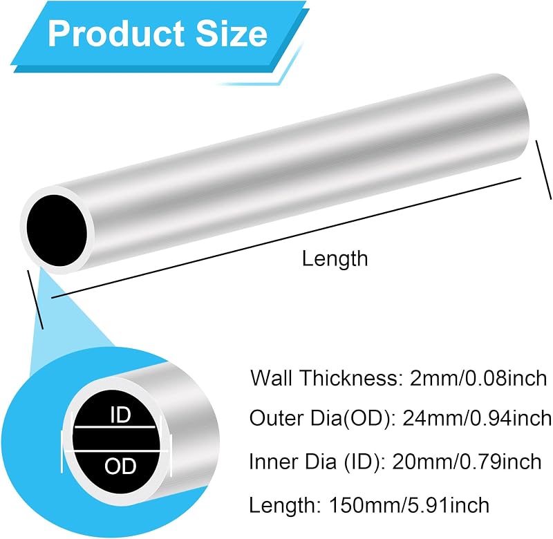 LAVMHAB 6063 Alumínium Körcső 24x20mm - 2mm Falvastagságú 150mm Hosszú Ezüst Csövek Ipari és Dekorációs Felhasználásra (2 db)