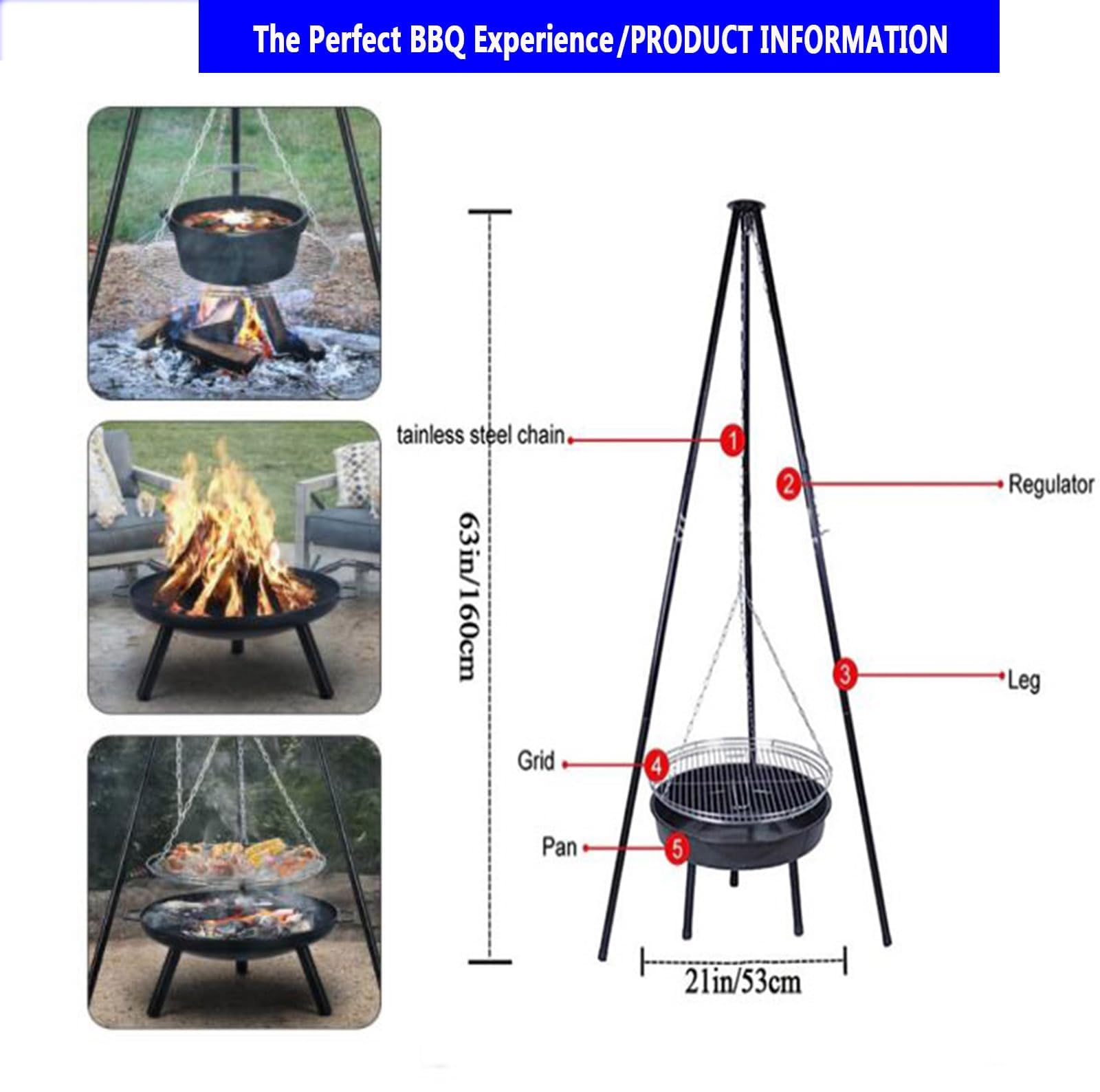 Heavy Duty Cast Iron Camping Tripod Stand With Stainless Steel Grill - For Dutch Oven & Campfire Cooking