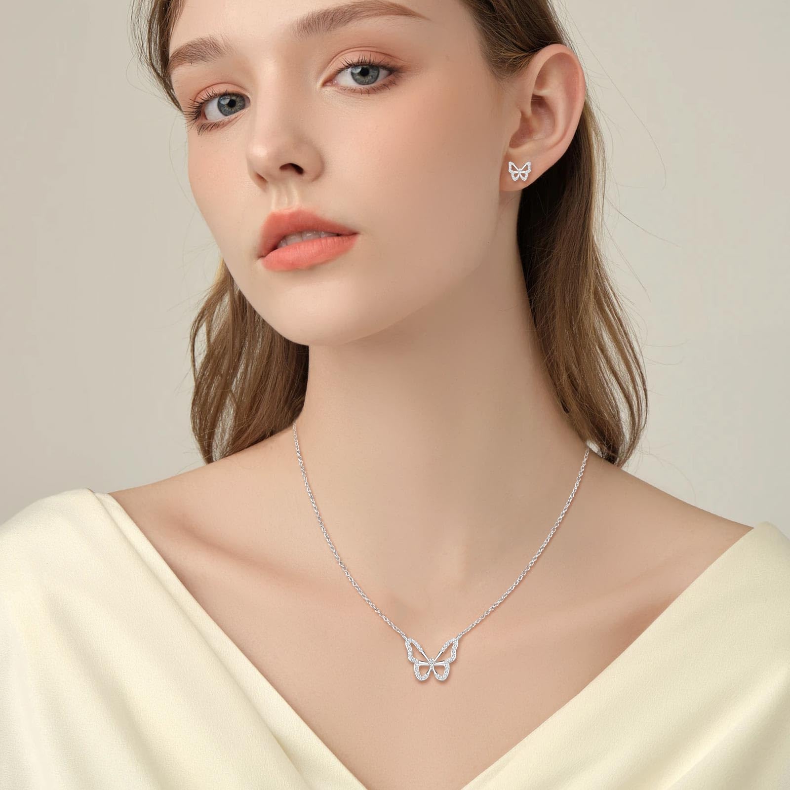 Mariposa Juego de Joyas de Plata Conjunto Collar y Pendientes Mariposa con Circonita - Forma de Mariposa Aretes & Collar con Colgante Regalos para Mujer Niña Esposa Amante Novia Madre