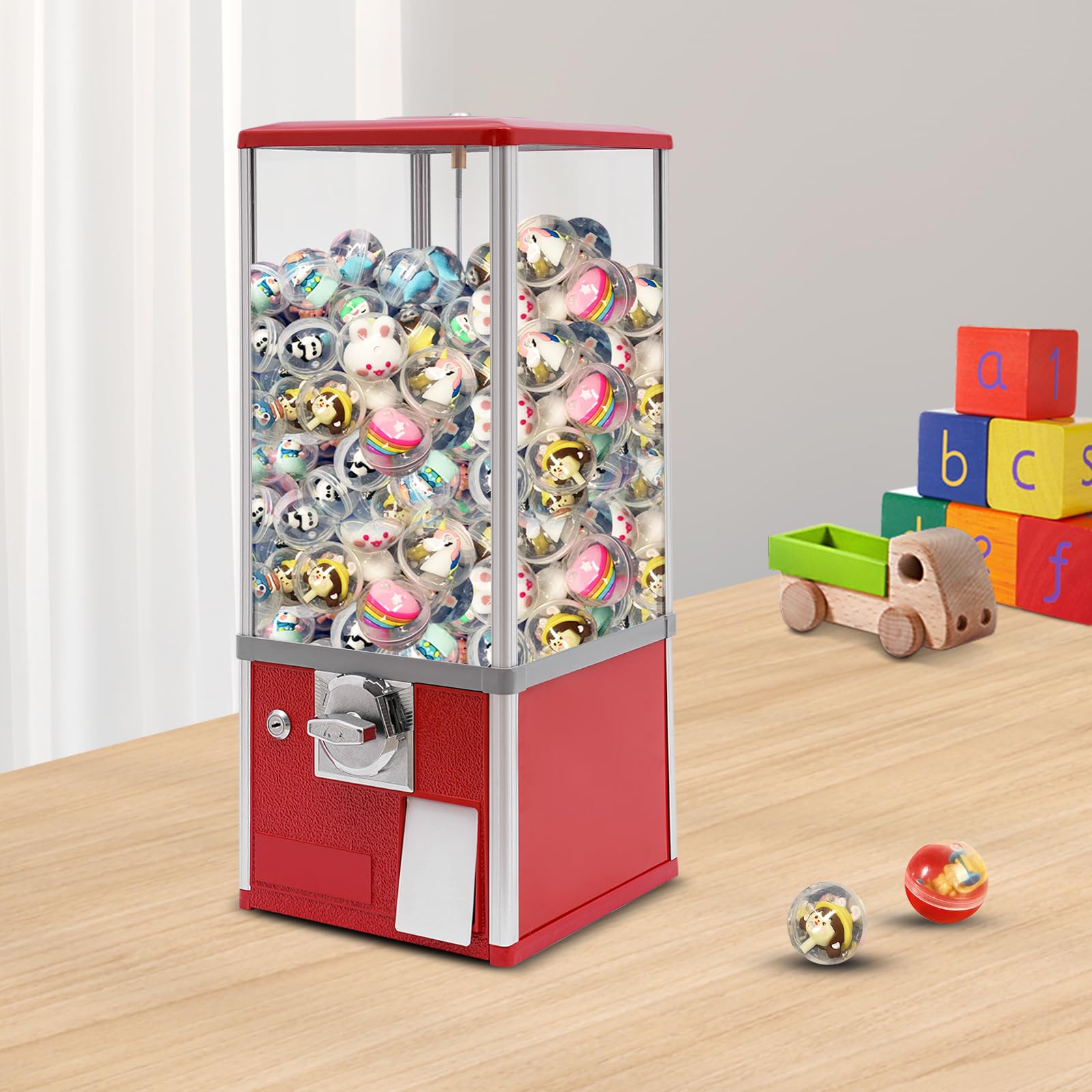 Candy Vending Machine 4X 25 Cents Toys Candy Dispenser Gumball Machine for Retail Stores Parks Game Halls and Home,10.2x10.2x25.2in,with 2 Keys (Red)