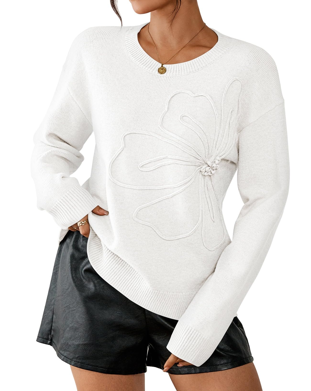 2026 Women's Crew Neck Long Sleeve Pullover Sweater Ribbed Knit Floral Texture Casual Jumpers Tops