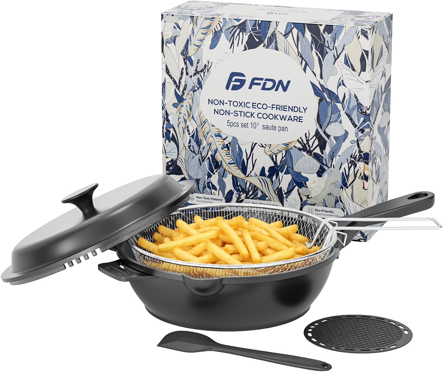 FDN 10 in 1 Saute Pan With Lid, 10 Inch Frying Pan With Deep Fry Basket, Non Toxic PFAS-Free Cooking Pan, Induction Oven & Dishwasher Safe, Black For Daily Cooking