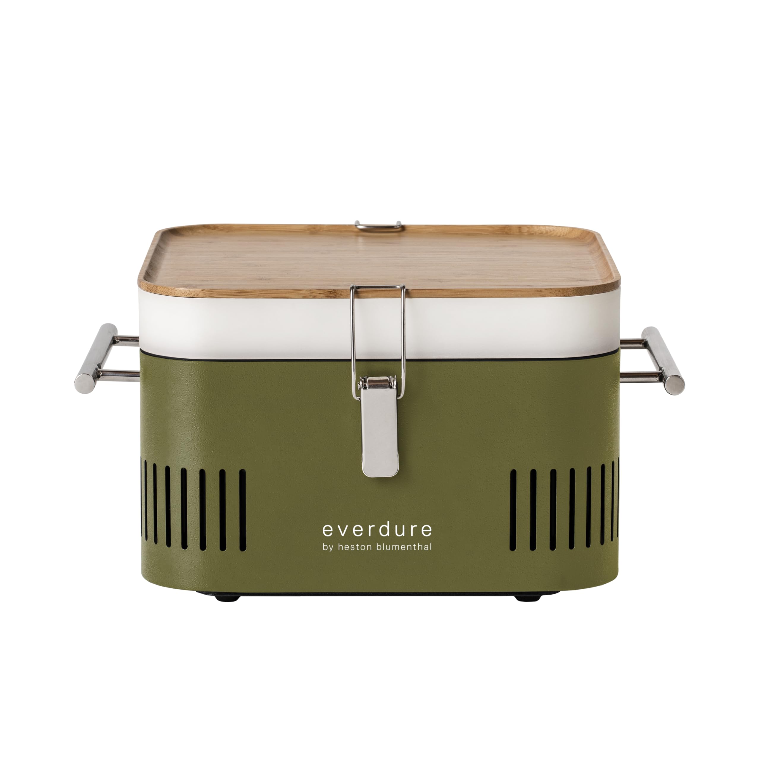 Everdure by Heston Blumenthal Cube Portable Charcoal BBQ Grill – Compact Travel Barbecue with Bamboo Tray, Chrome Rack, Porcelain Enamel Firebox & Cool Touch Handles – Outdoor Camping BBQ in Khaki