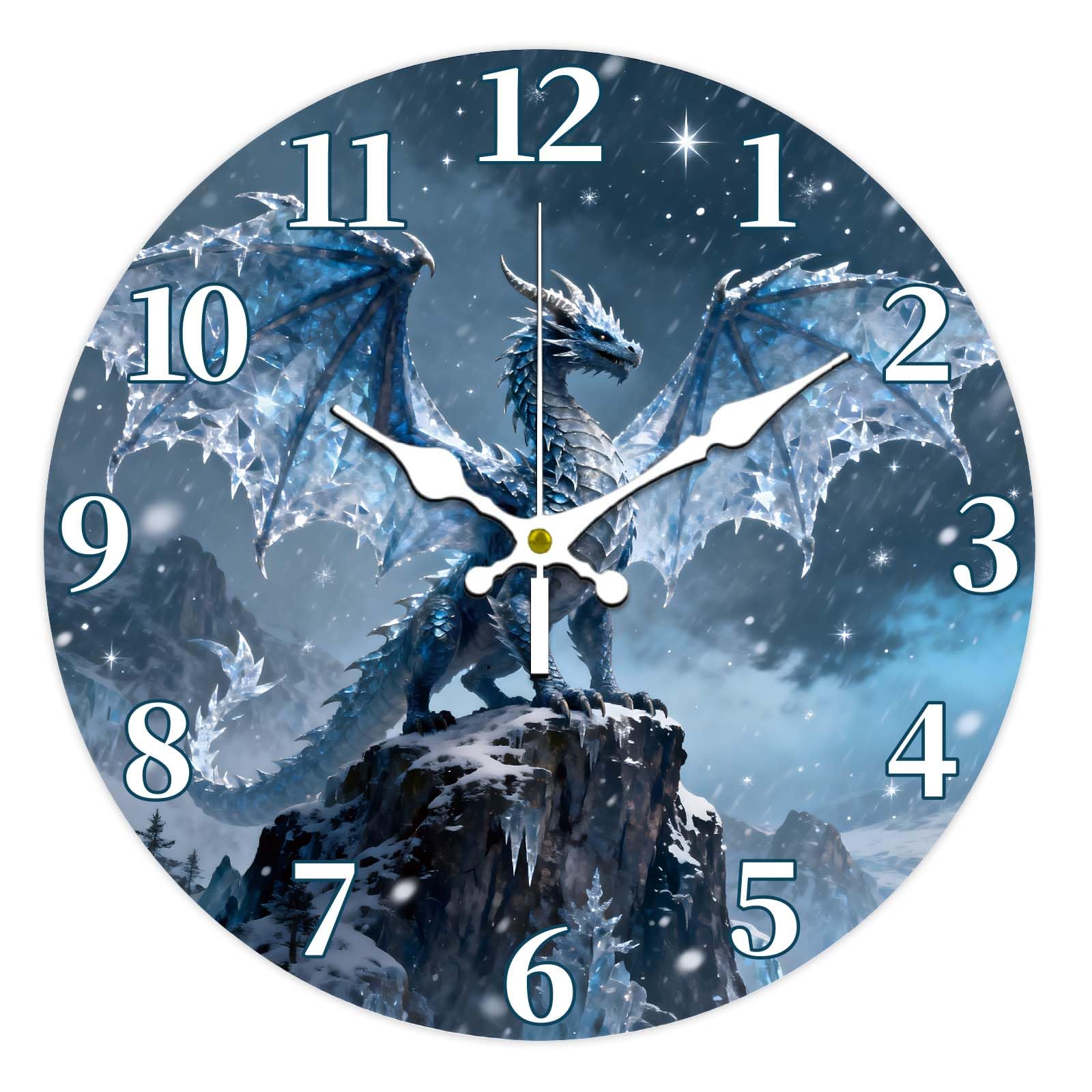 CONCHLERY Ice Dragon Patterns Wall Clock 12 Inch Flat Round MDF Printed Wall Clock with White Hands for Bedroom Living Room Kitchen Office