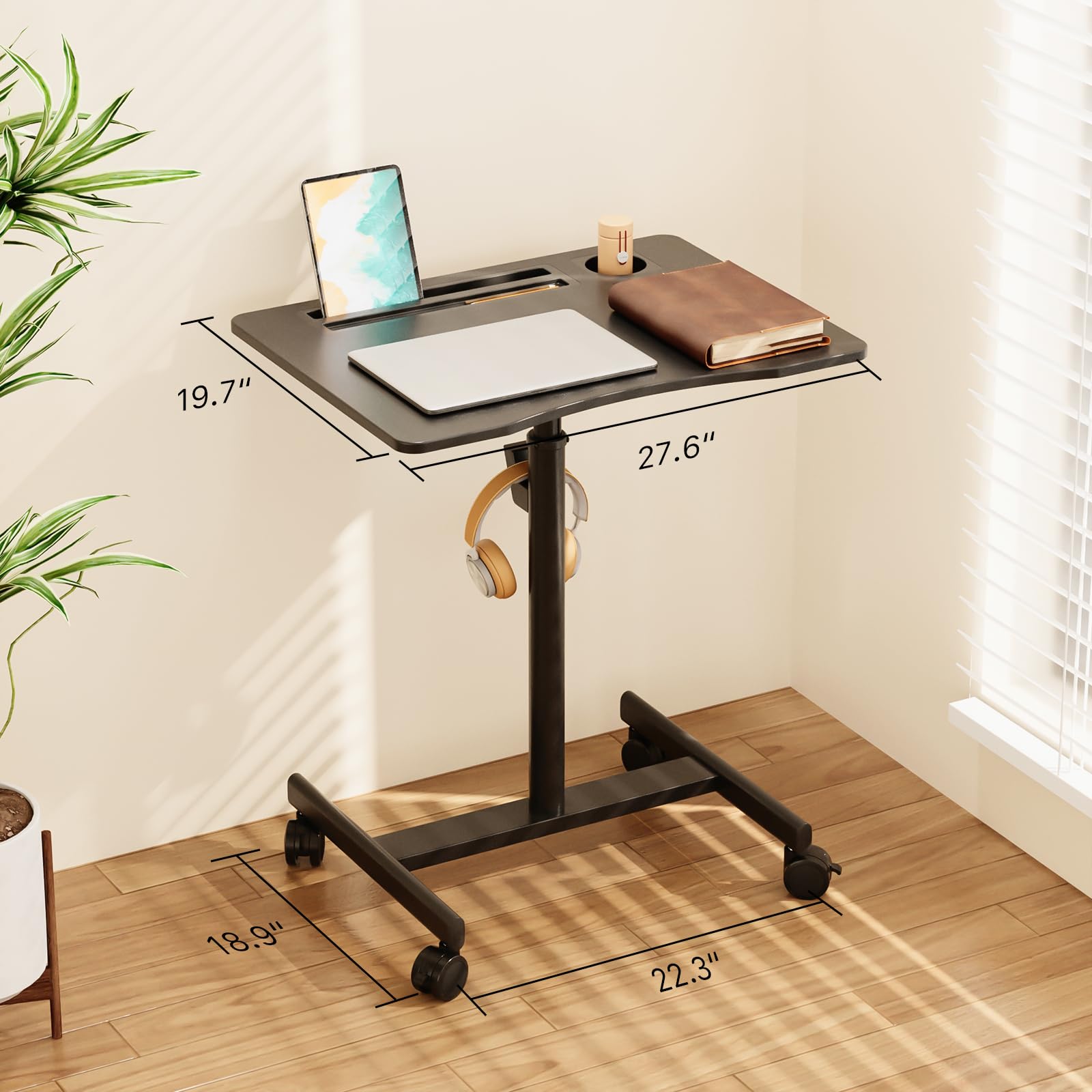 Mobile Standing Desk, 28 inch Rolling Standing Laptop Desk with Cup Holder, Mobile Desk Workstation with Wheels, Portable Computer Desk Cart with Hook for Home Office, Black