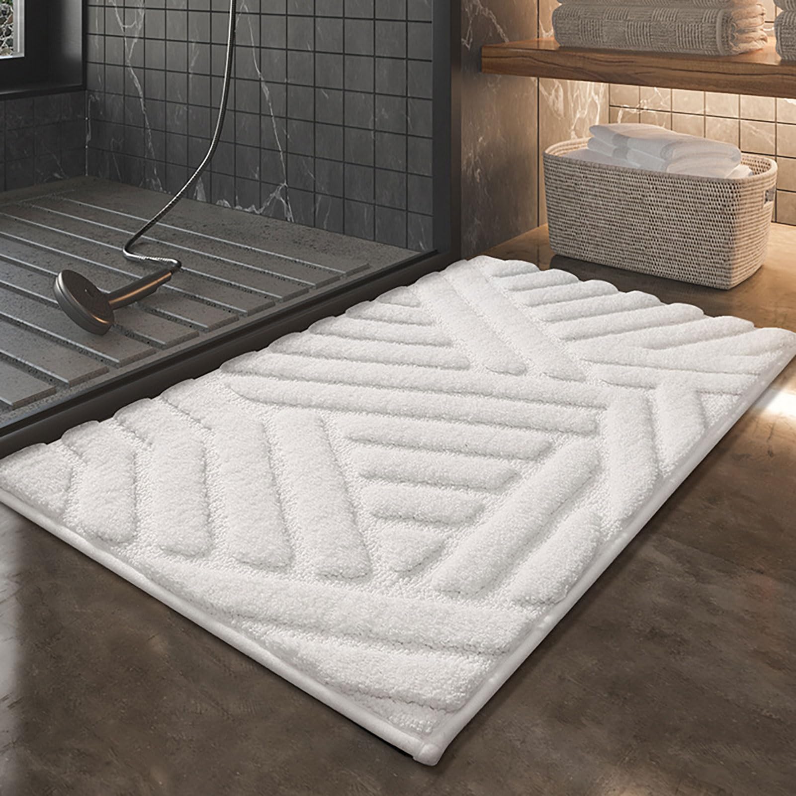 Badvorleger rutschfest, Badezimmerteppich Waschbar, Badteppich Weich, Duschvorleger Schnelltrocknend, Badematte Hochflor, für Dusche, Badewanne und Toilette (White 50x80cm)