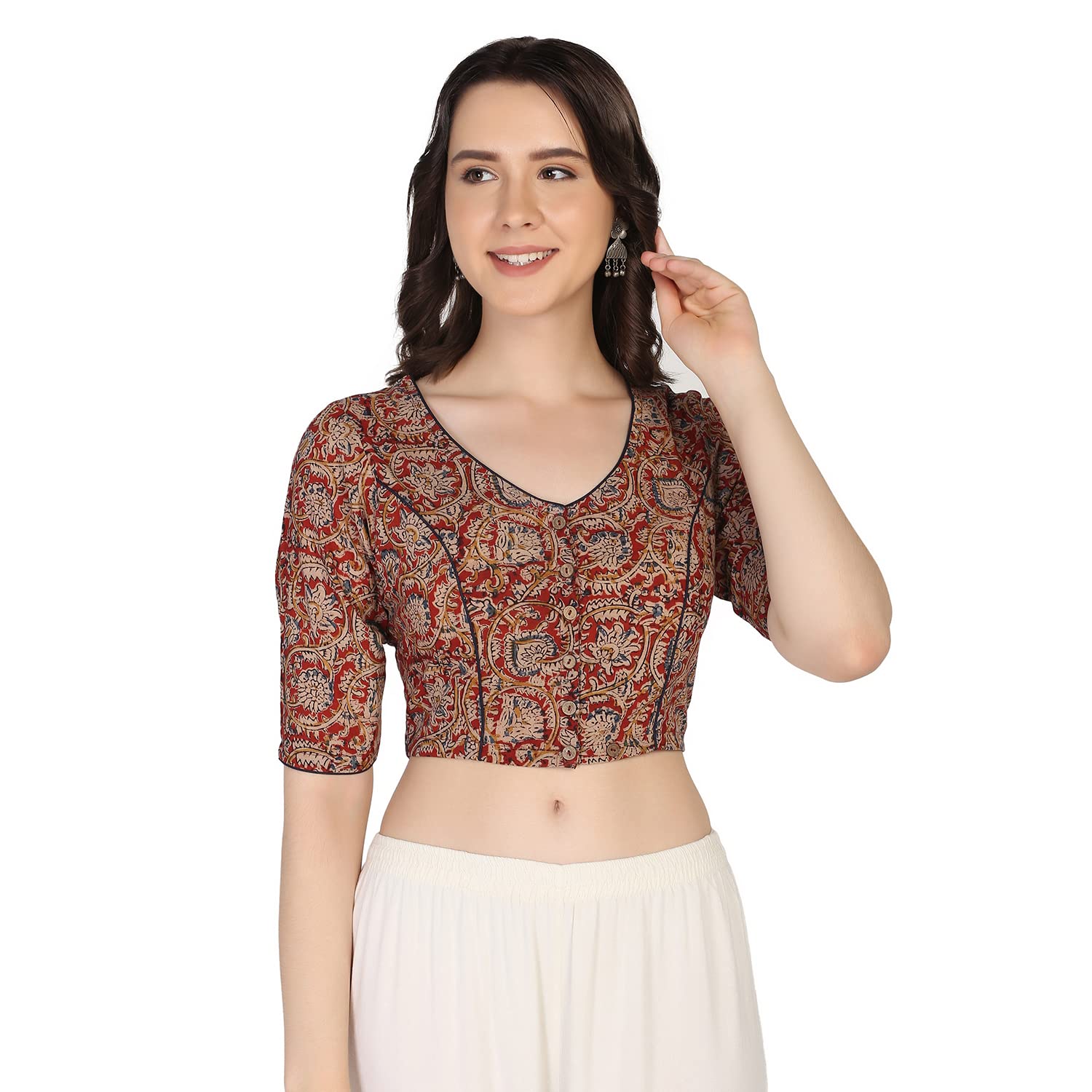 Red Kalamkari Printed Cotton Padded Saree Blouse-image-37