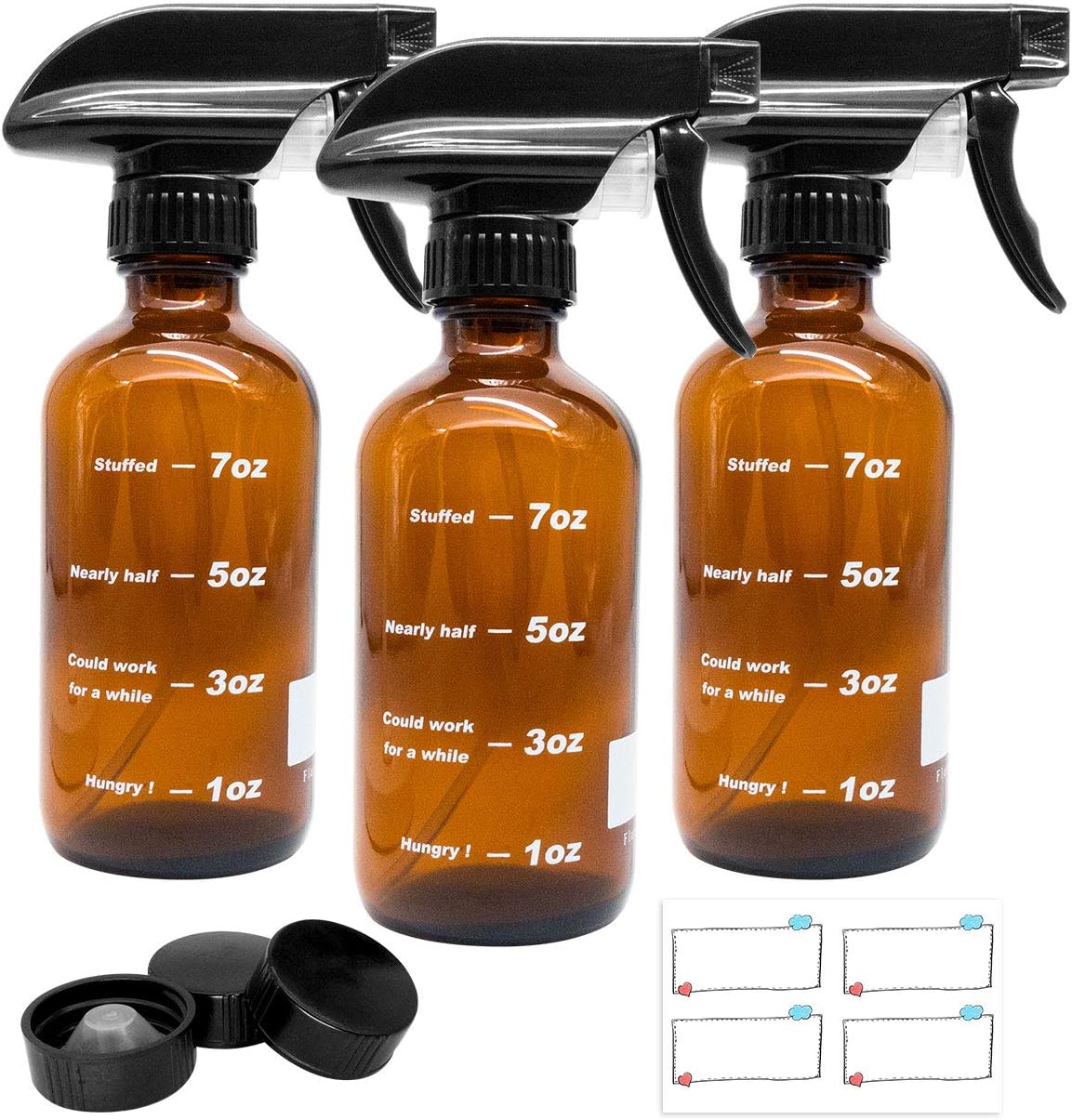 Glass Spray Bottles, 8oz Empty Amber Glass Spray Bottles with Measurements, Refillable Fine Mist Spray Bottle for Cleaning Solutions, Essential Oils (8 Ounce x 3)