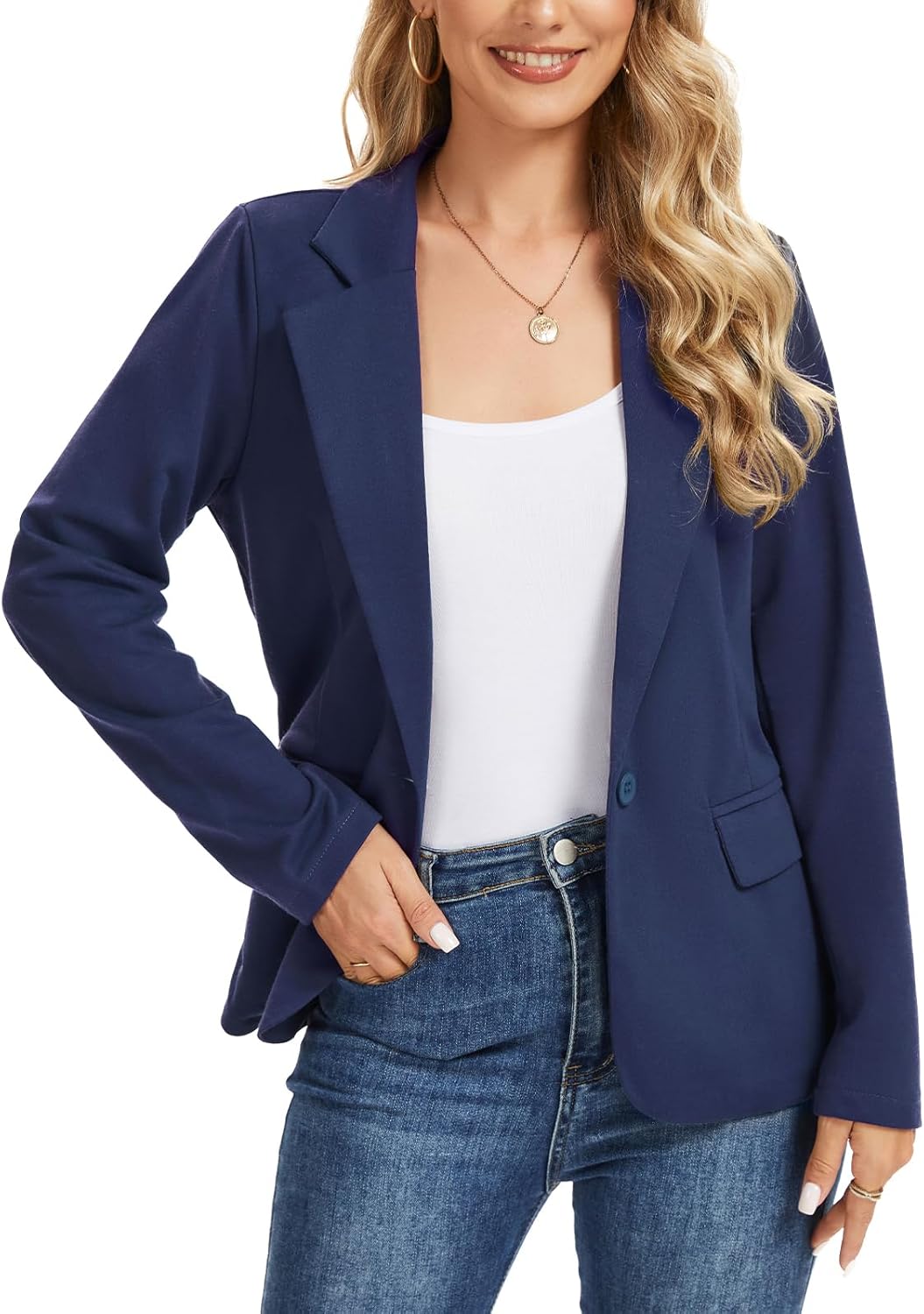 Knit Blazer for Women Button Front Long Sleeve Suit Jacket Lightweight Casual Work Office Blazers with Pockets,M,Navy Blue