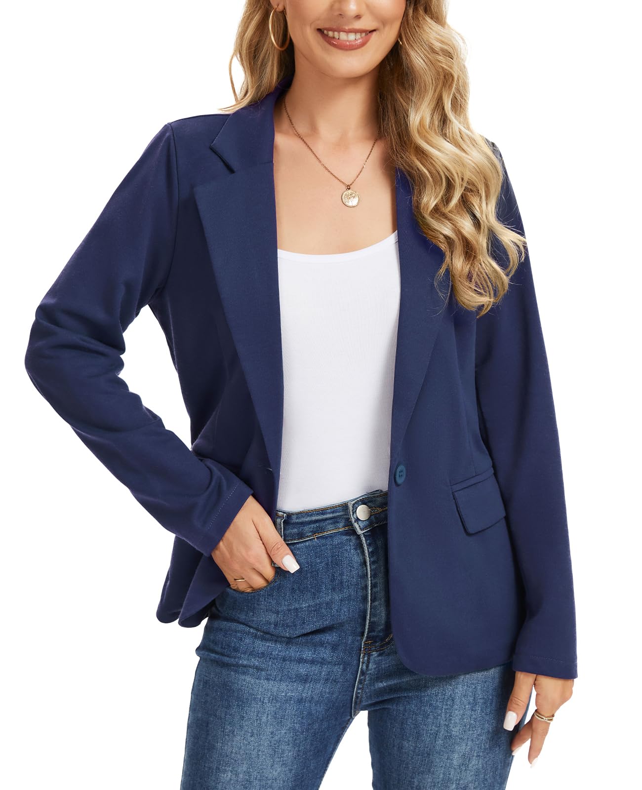 Knit Blazer for Women Button Front Long Sleeve Suit Jacket Lightweight Casual Work Office Blazers with Pockets M
