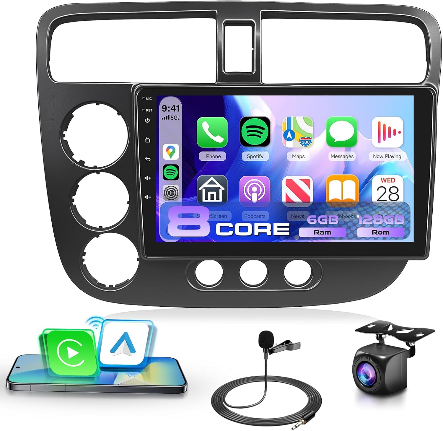 podofo 8 Core 4G+64G Car Radio for Honda Civic 2001 2002 2003 2004 2005, Wireless Apple Carplay Android Auto Car Stereo, 9” IPS Touchscreen with WiFi, GPS, Bluetooth,FM/RDS, 32EQ DSP, Rear Camera