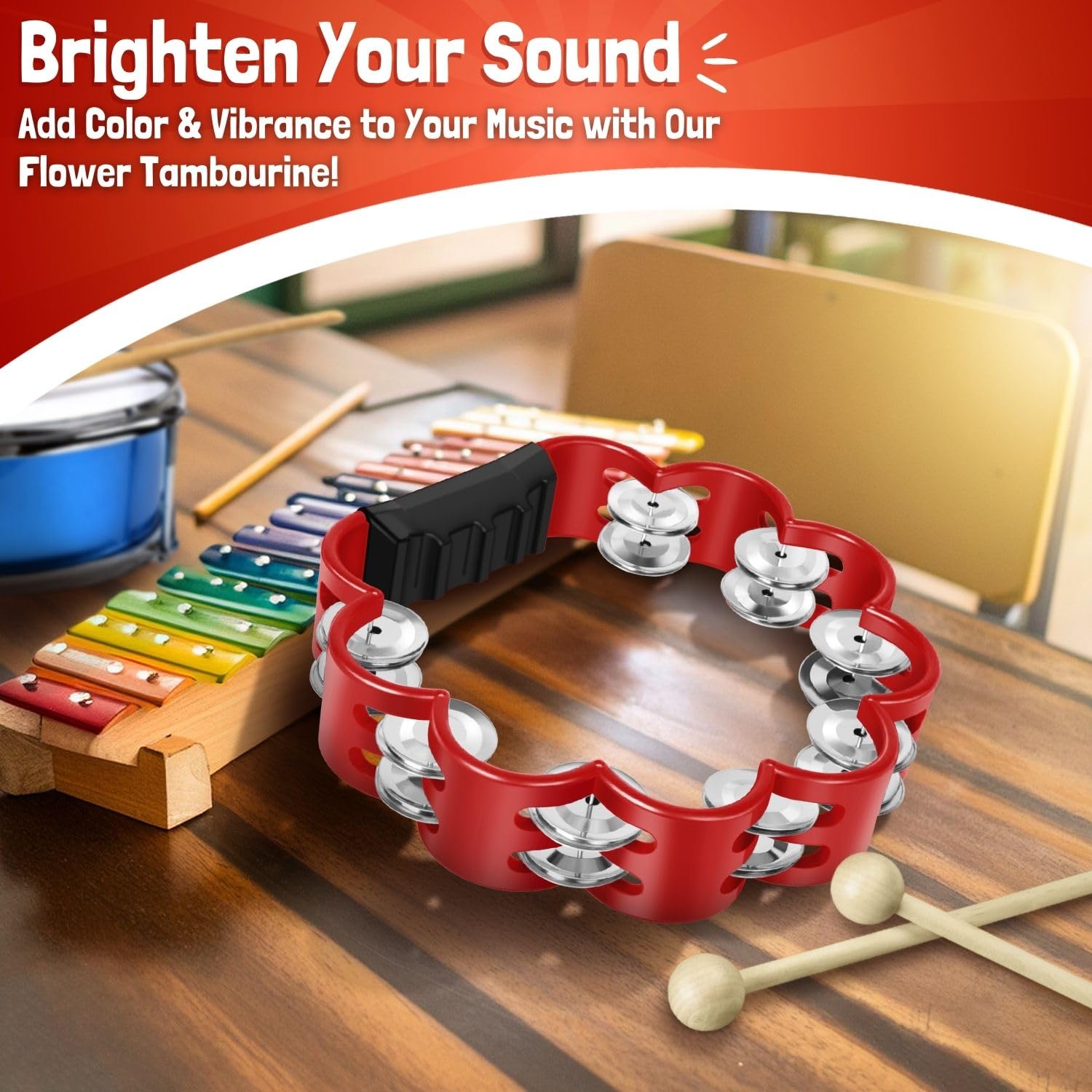 Flexzion Flower Tambourine, 8 Inch Handheld Percussion Instrument w/Metal Jingles & Ergonomic Grip - Image 2