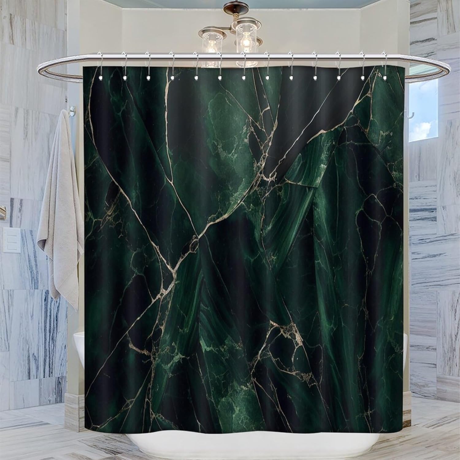 Dark Green Printed Shower Curtains,Marble Texture Modern Abstract Art Print Shower Curtain for Bathroom Decor Polyester Fabric Waterproof Upholstery Hook 72x72inch