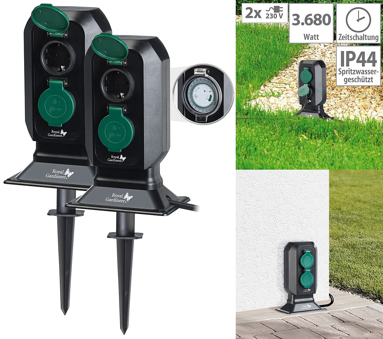 Royal Gardineer Timer Steckdose aussen: 2er-Set 2-fach-Garten-Steckdose mit Zeitschaltuhr, bis 3.680 Watt, IP4 (Outdoor Steckdose Zeitschaltuhr, Garten-Steckdose mit Timer, Verlängerungskabel)