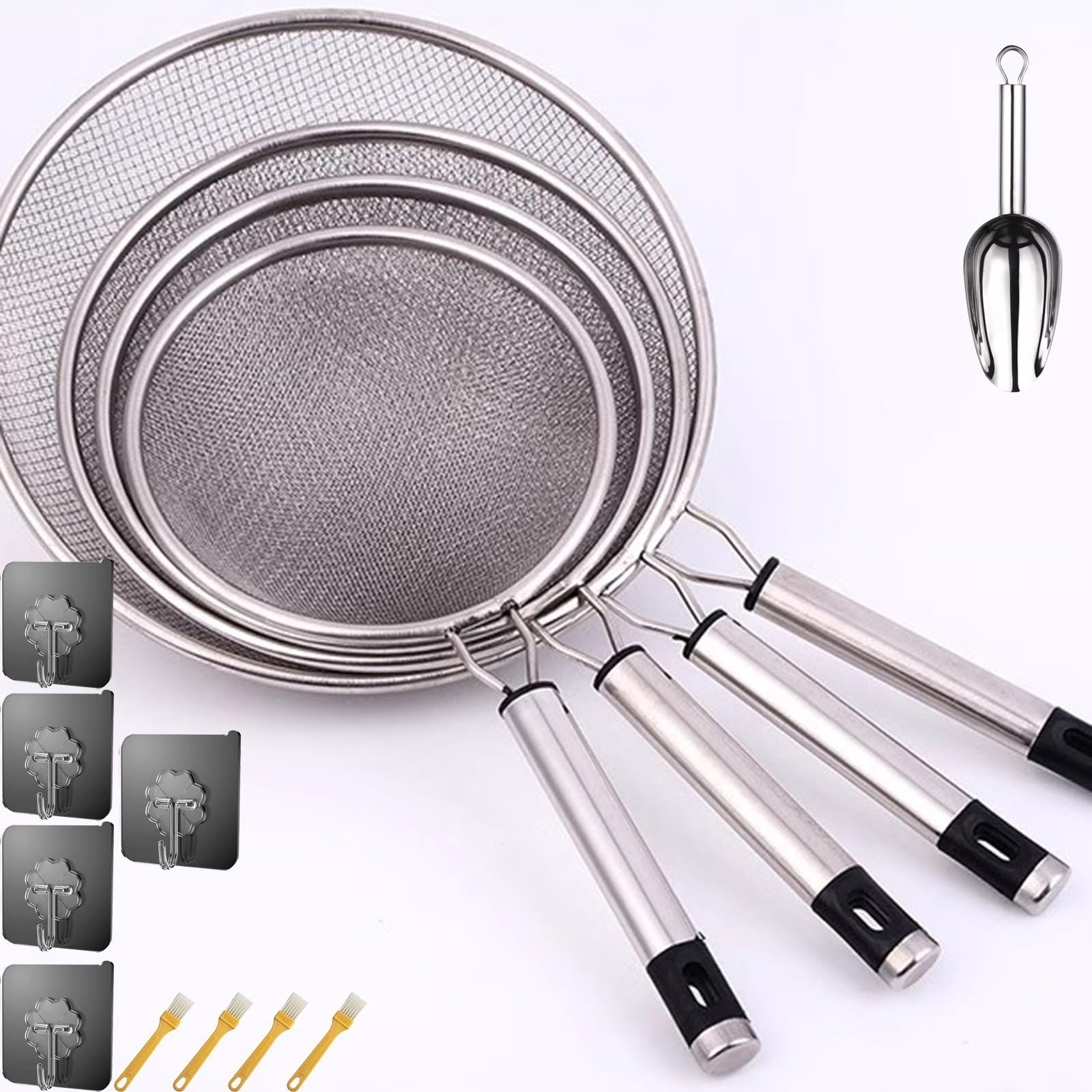 Tamiz de harina de acero inoxidable, juego de 4 tamices de 14/16/18/21 cm, tamiz de cocina de malla fina de acero inoxidable 304 para colar o drenar