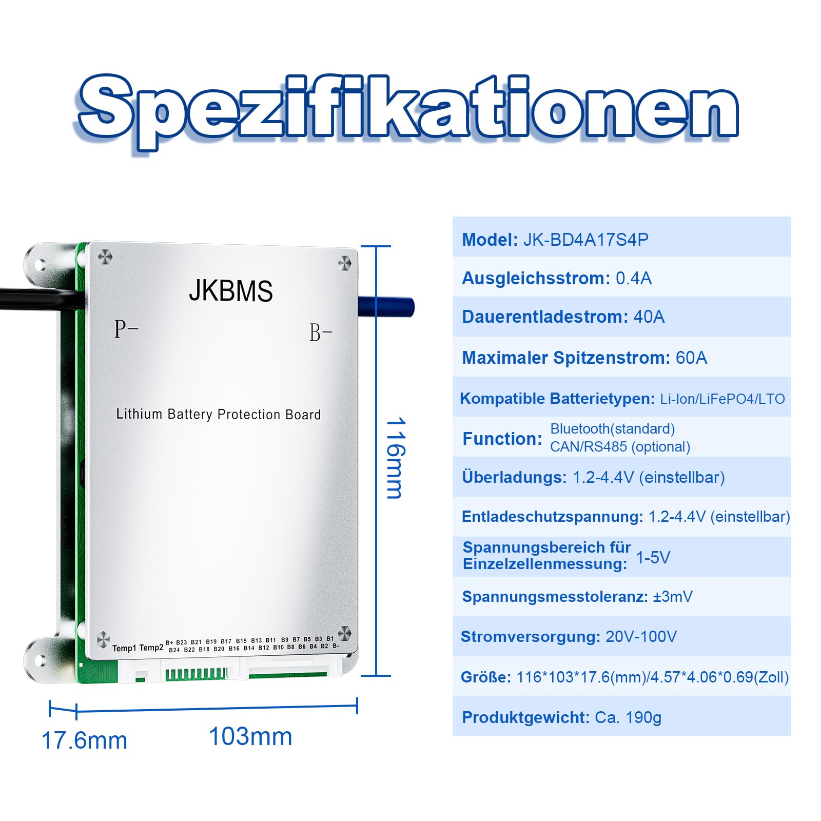 JKBMS Smart BMS 8S-17S 24V-60V 40A 0.4A Aktives Balance-BMS mit eingebautem Bluetooth und RS485 Batterieschutzplatine für Li-Ion,LiFePO4 und LTO Lithium-Akkupacks (JK-BD4A17S4P)