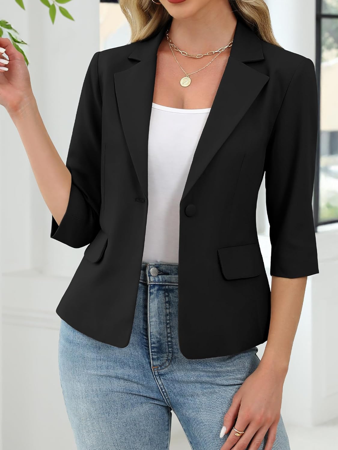 ELLEVEN Women's 3/4 Sleeve Blazer, Lightweight Slim Fit Suit Business Casual Jacket for Work - Image 3