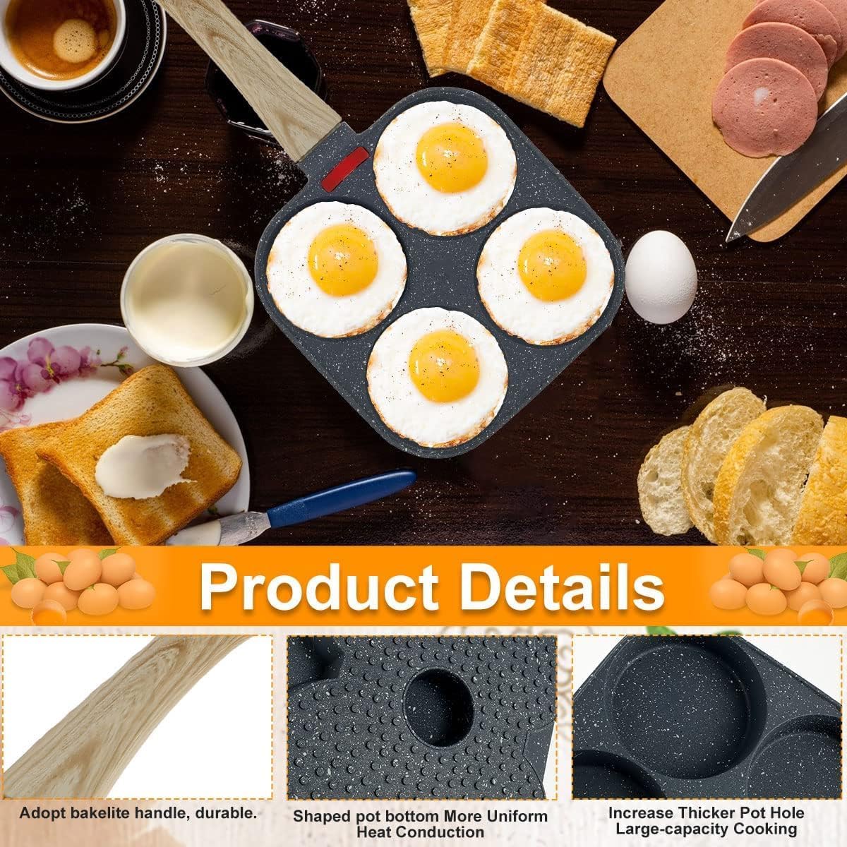 Egg Frying Pan, 4 in 1 Breakfast Pan, Multifunctional, Wooden Handle Medical Stone Egg Pan Mold, Breakfast Egg Pan for Home Kitchen Cooking (Gray)