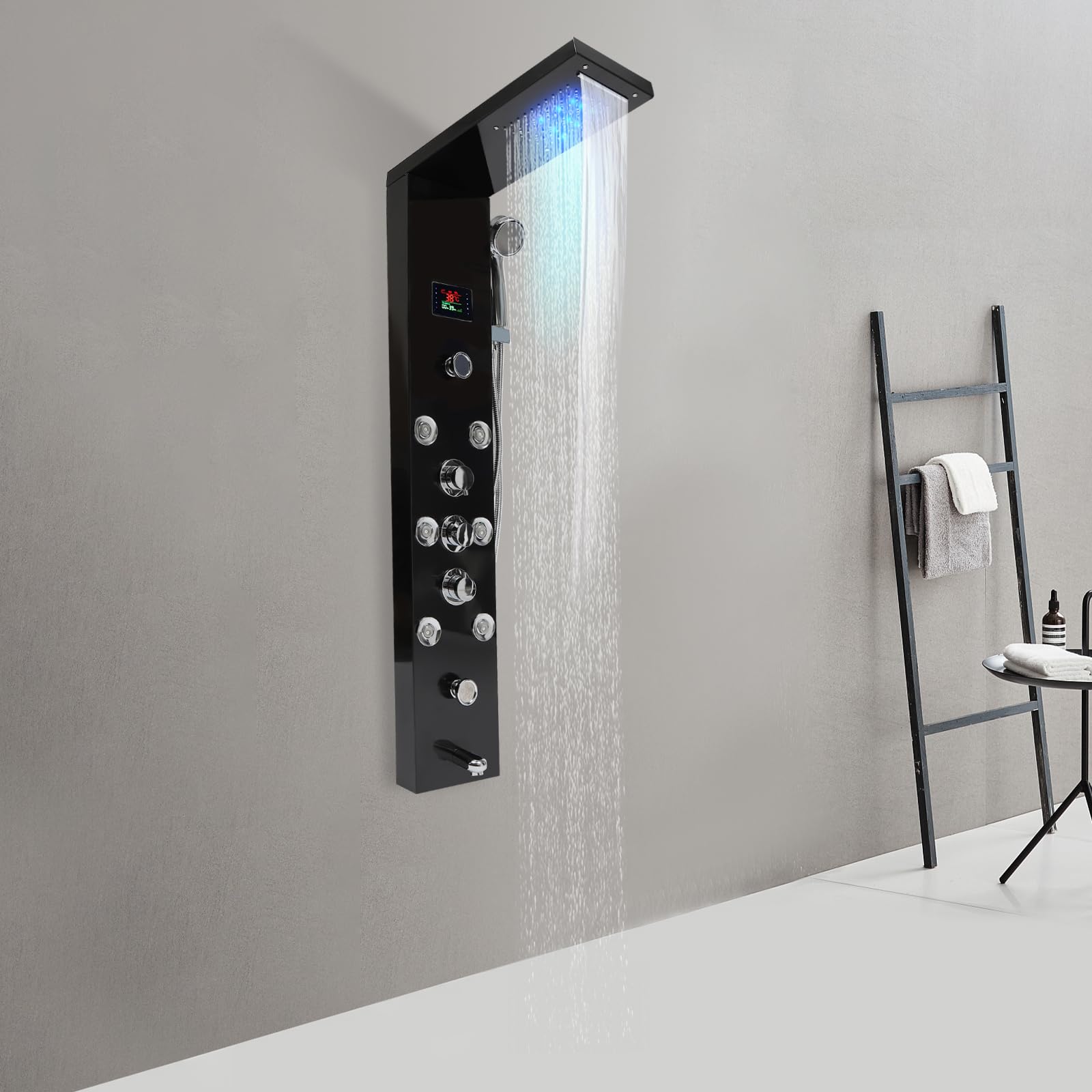 Panel de ducha de acero inoxidable LED negro, columna de ducha, de ducha, ducha de lluvia, alcachofa de mano, juego de 8 boquillas de masaje, para hoteles, hogares, centros de baño, resorts