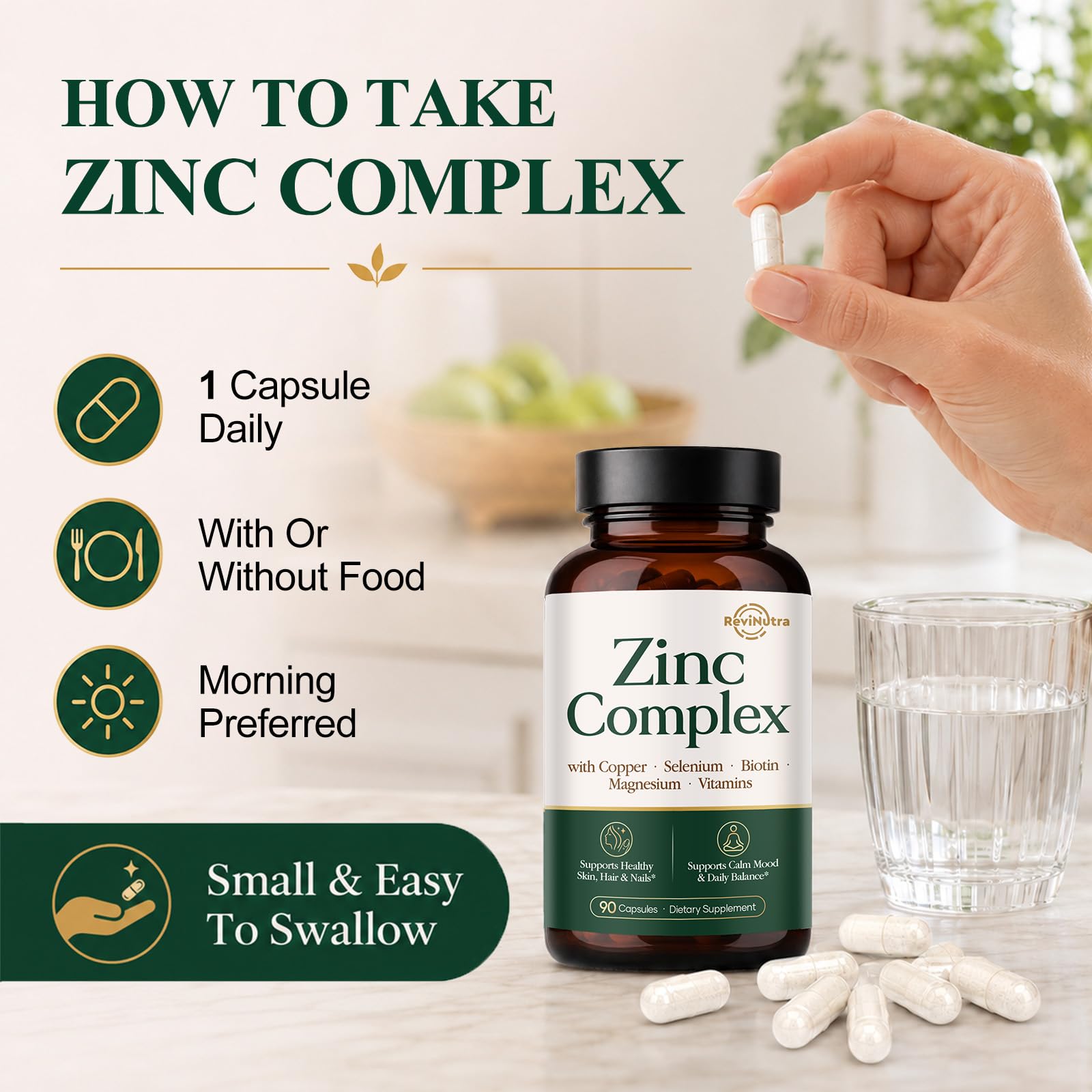 Zinc 30mg with Copper, Selenium, Magnesium, Vitamin C, D3, K2, B6, B12, Biotin & Folate - Chelated Zinc Complex for Women & Men - Immune, Hair, Skin, Nails & Daily Wellness Support - 90 Capsules — Amazon image 7