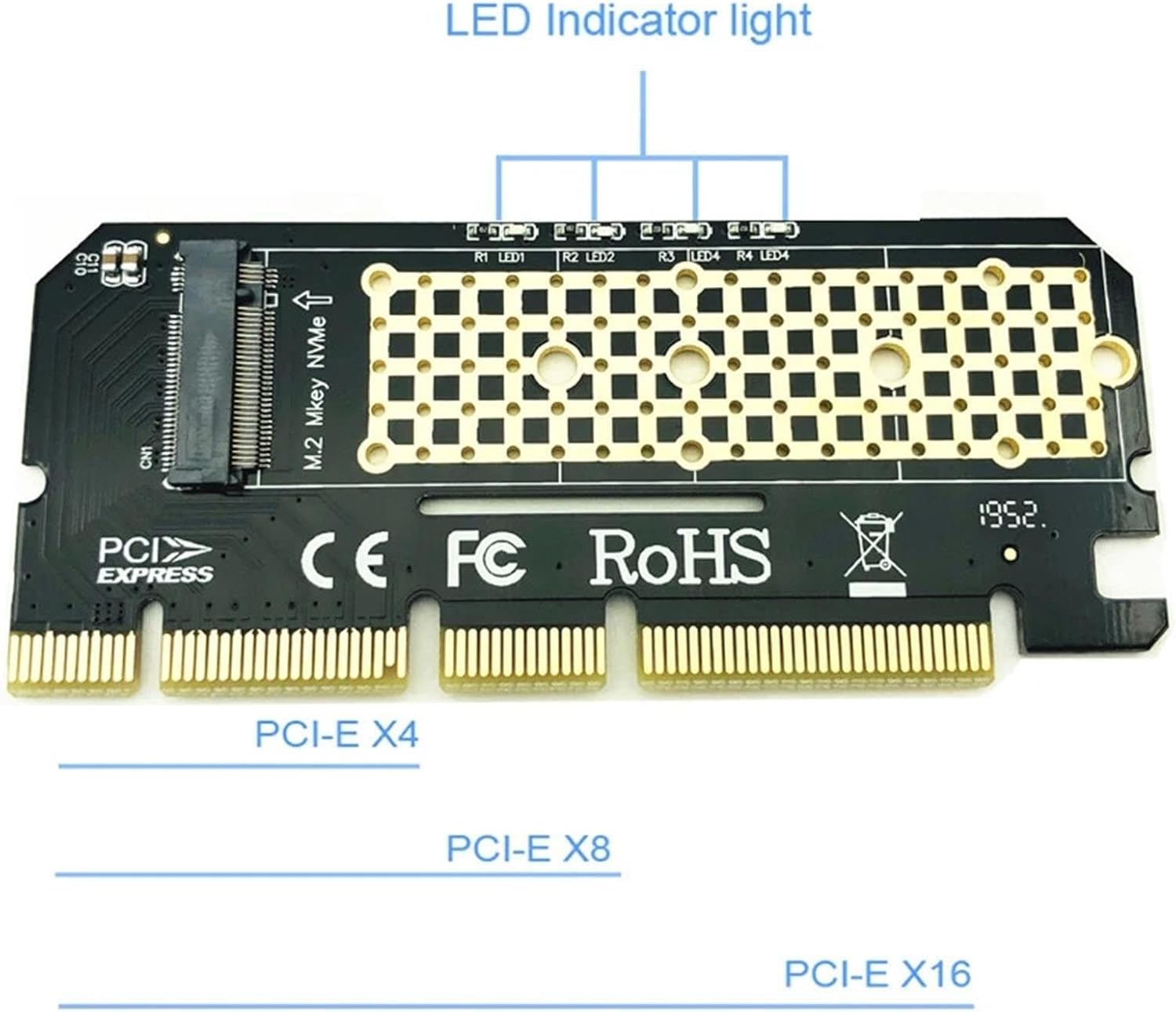 PCIe x16 M.2 NVMe Adapter Card with LED Indicator