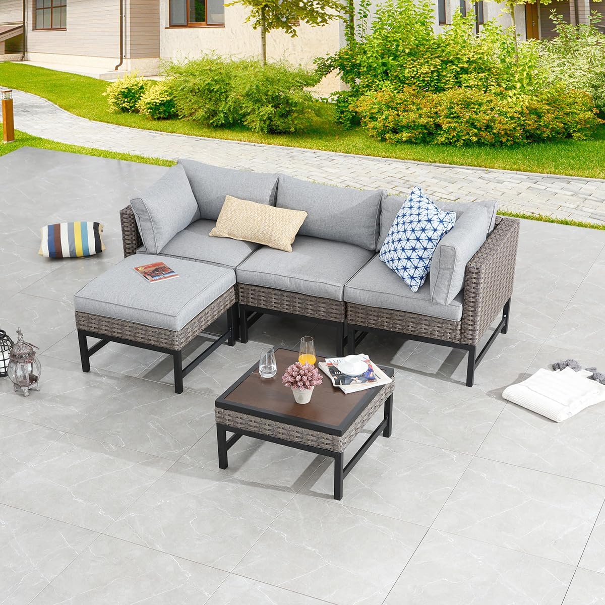 Outdoor Coffee Table 23.6''×23.6'' Patio Metal Table with Wood Grain Top Outside Table Slatted Tabletop for Lawn, Garden, Deck, Backyard, Porch