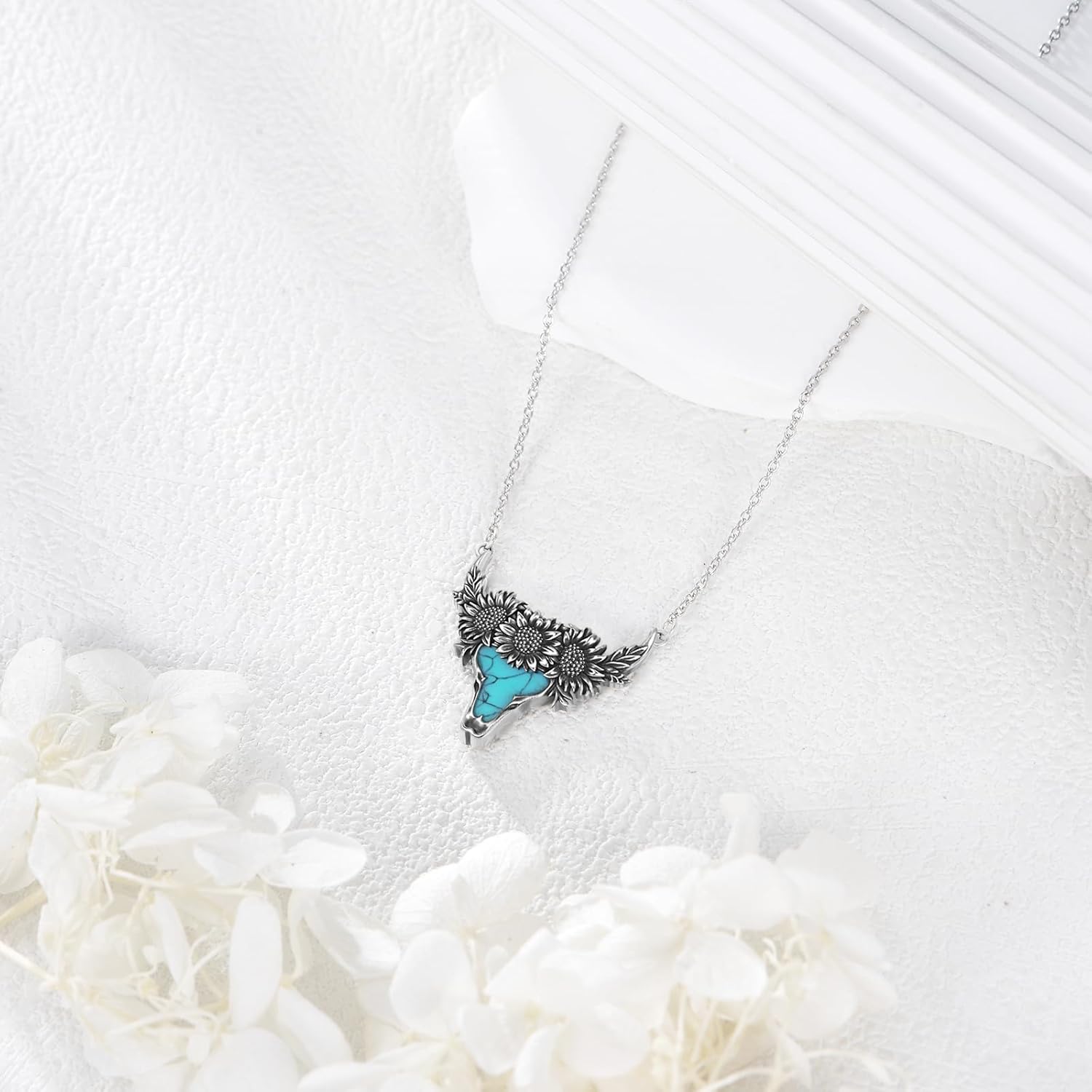 YAFEINI Turquoise Cow Head Skull Necklace 925 Sterling Silver Cow Skull Pendant Western Jewelry Gifts for Women - Image 2