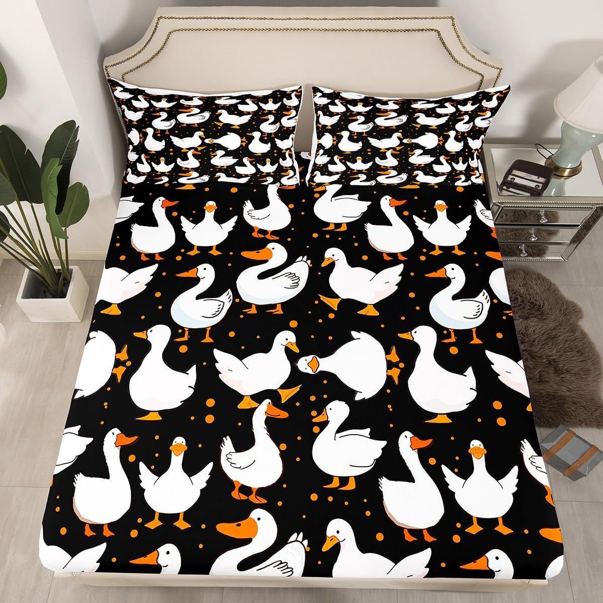Cartoon Duck Fitted Sheet Full Size,Lovely Goose Funny Sketch White Mattress Cover(1 Fitted + 2 Pillowcases),Cute Farmhouse Livestock Animal All Round Elastic Pocket Bed Cover,Polyester