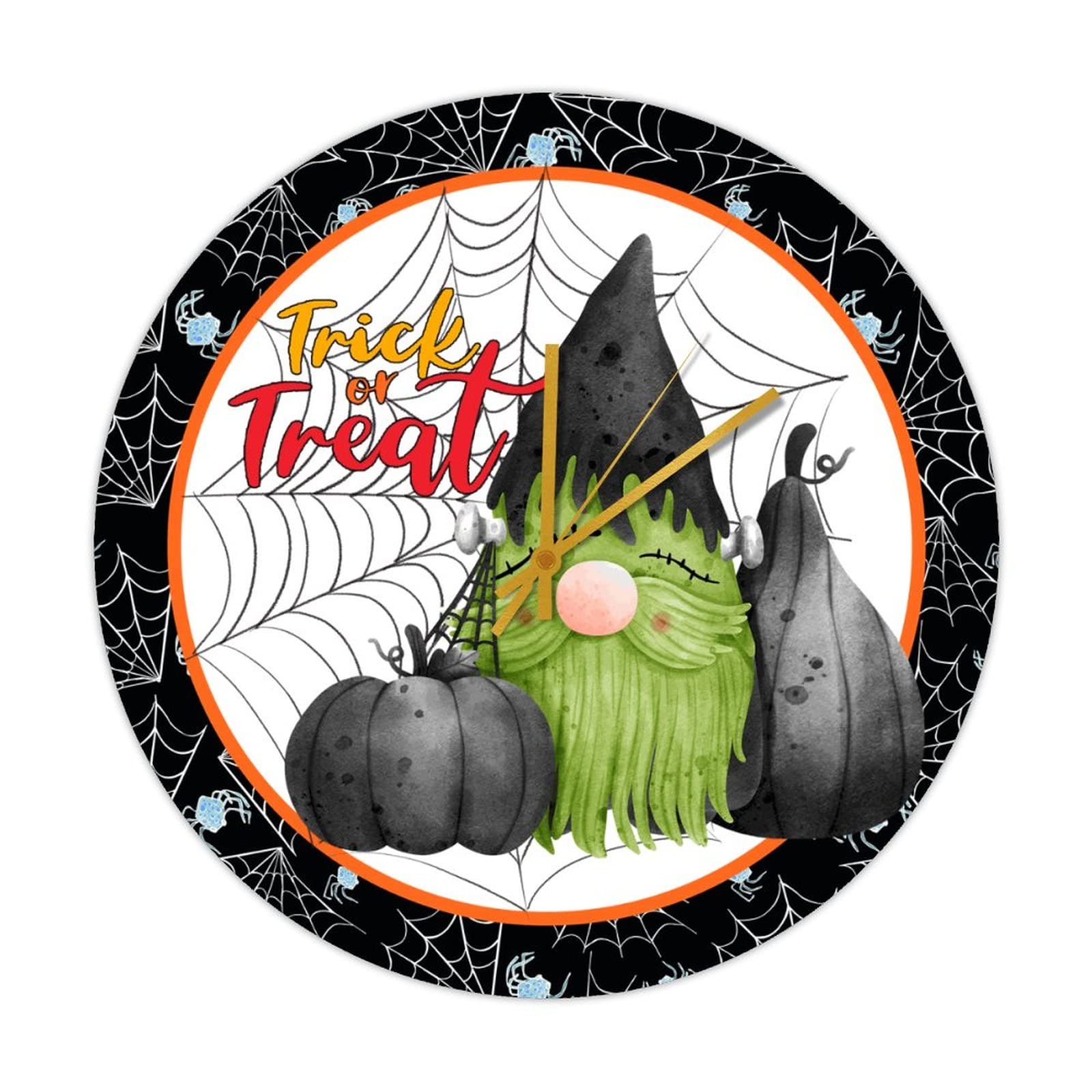 Horloge murale Halloween ronde 38cm en bois avec gnome araignée